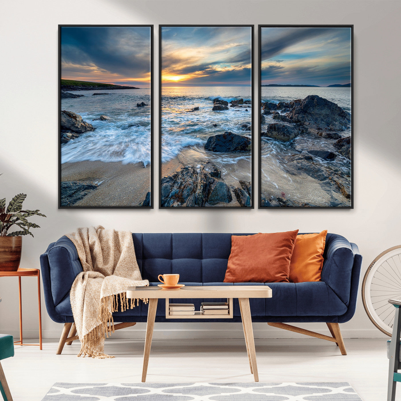 17902-MGV-FC-48X32-3P_Black-Rocky Shore Ocean Sunset Wall Art – Coastal Seascape Canvas Print, Nature Beach Decor for Living Room or Office