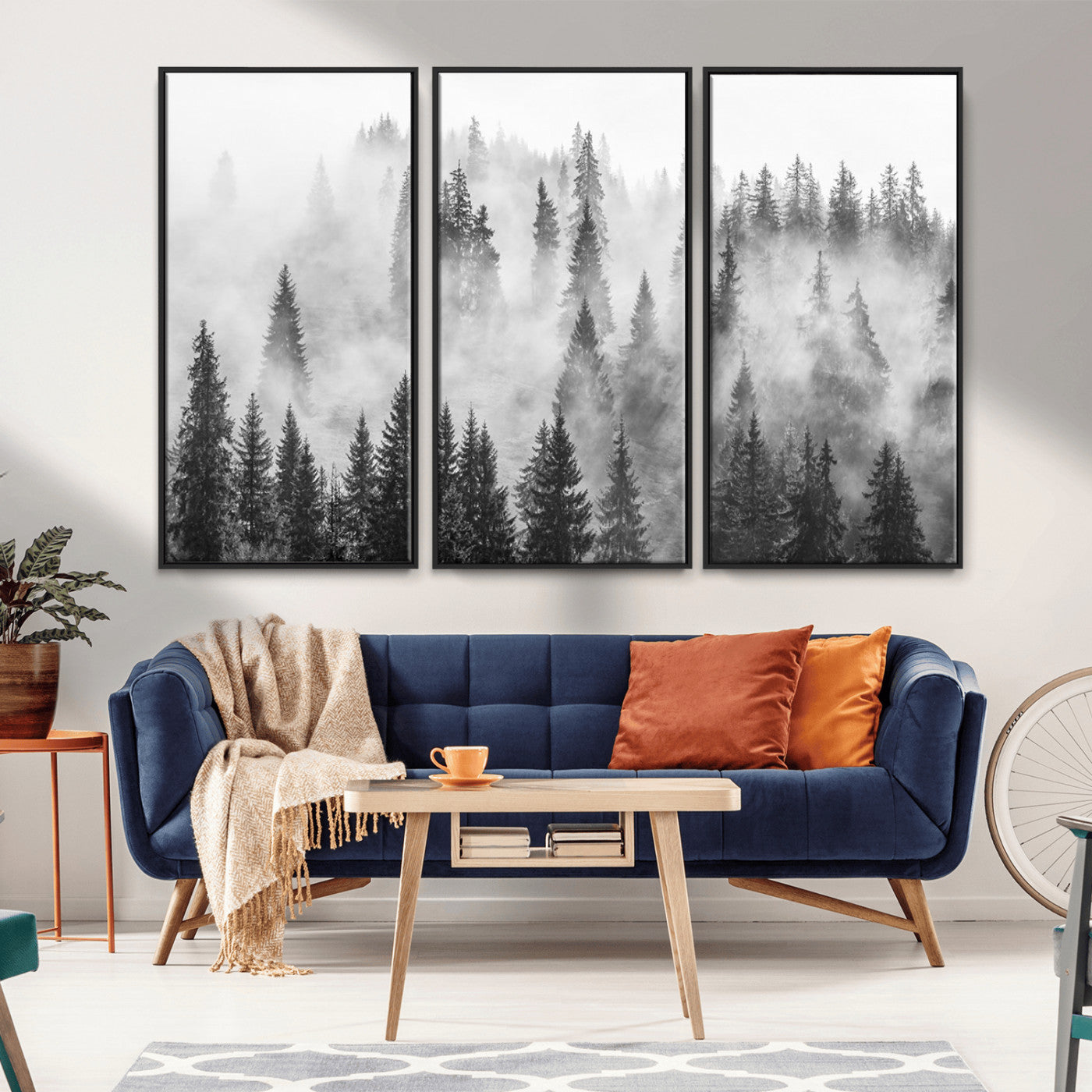 10422-MGV-FC-48X32-3P_Black-Misty Pine Forest Wall Art – Black and White Foggy Landscape Canvas Print, Serene Nature Woodland Decor for Bedroom, Office or
