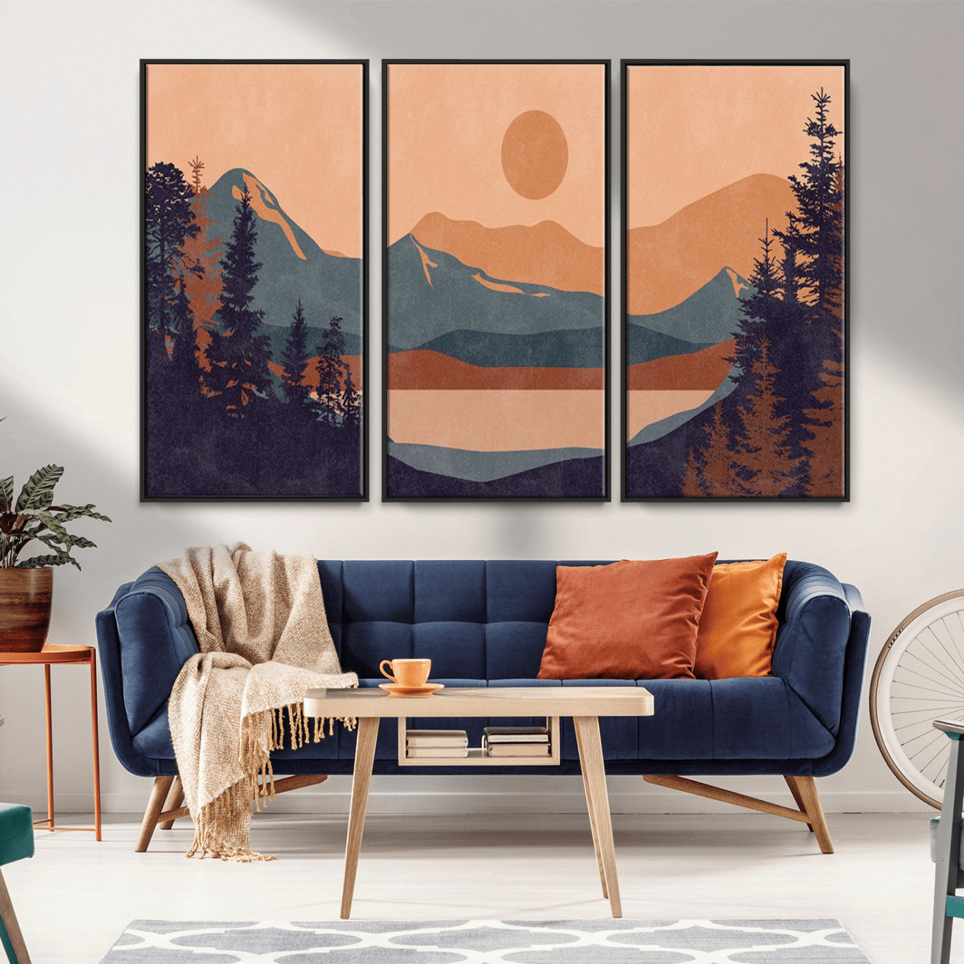 62795-MGV-FC-48X32-3P_Black-Minimalist Mountain Landscape Wall Art – Abstract Sunset Over Peaks and Pine Trees Canvas Print, Modern Nature Decor for Living