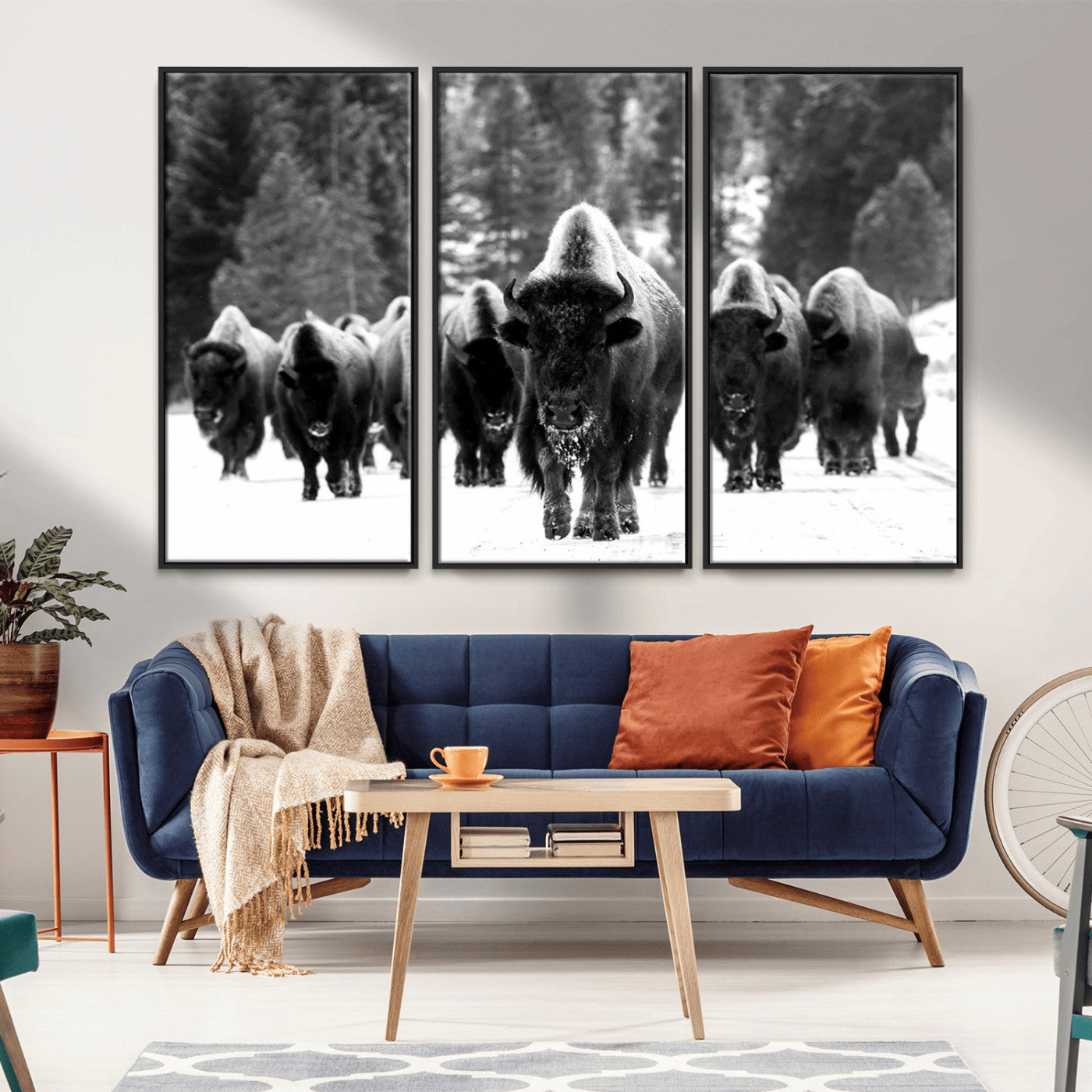 62434-MGV-CV-36X24-Bison Herd Wall Art – Majestic Black and White Buffalo Canvas Print, Wildlife Nature Photography Decor for Living Room, Office or