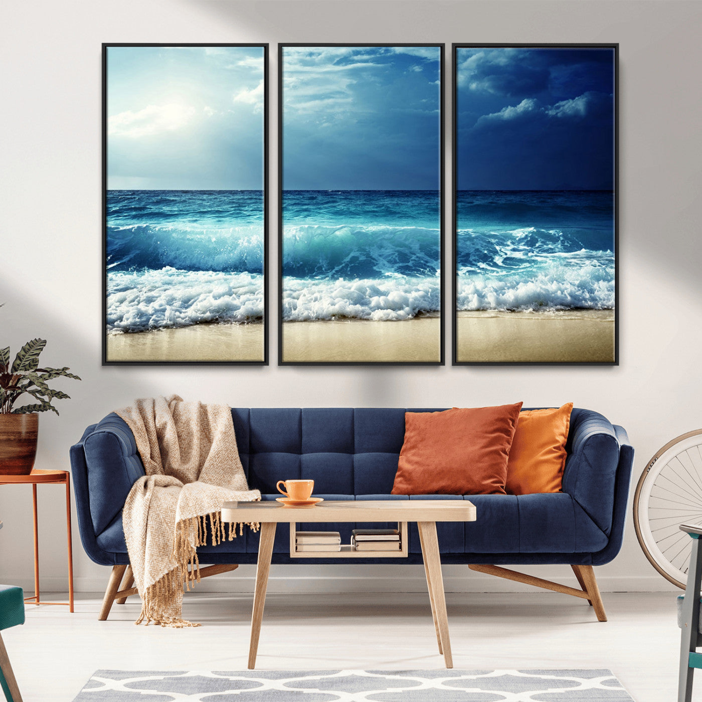 84116-MGV-FC-48X32-3P_Black-Ocean Wave Wall Art – Blue Sea and Beach Canvas Print, Coastal Seascape Photography Artwork for Living Room, Bedroom, or Office