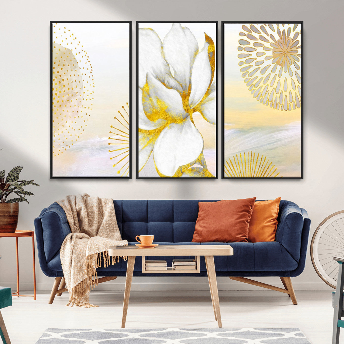82301-MGV-CV-36X24-Modern Floral Wall Art – White Flower with Gold Detailing Canvas Print, Elegant Abstract Artwork for Living Room, Bedroom, or