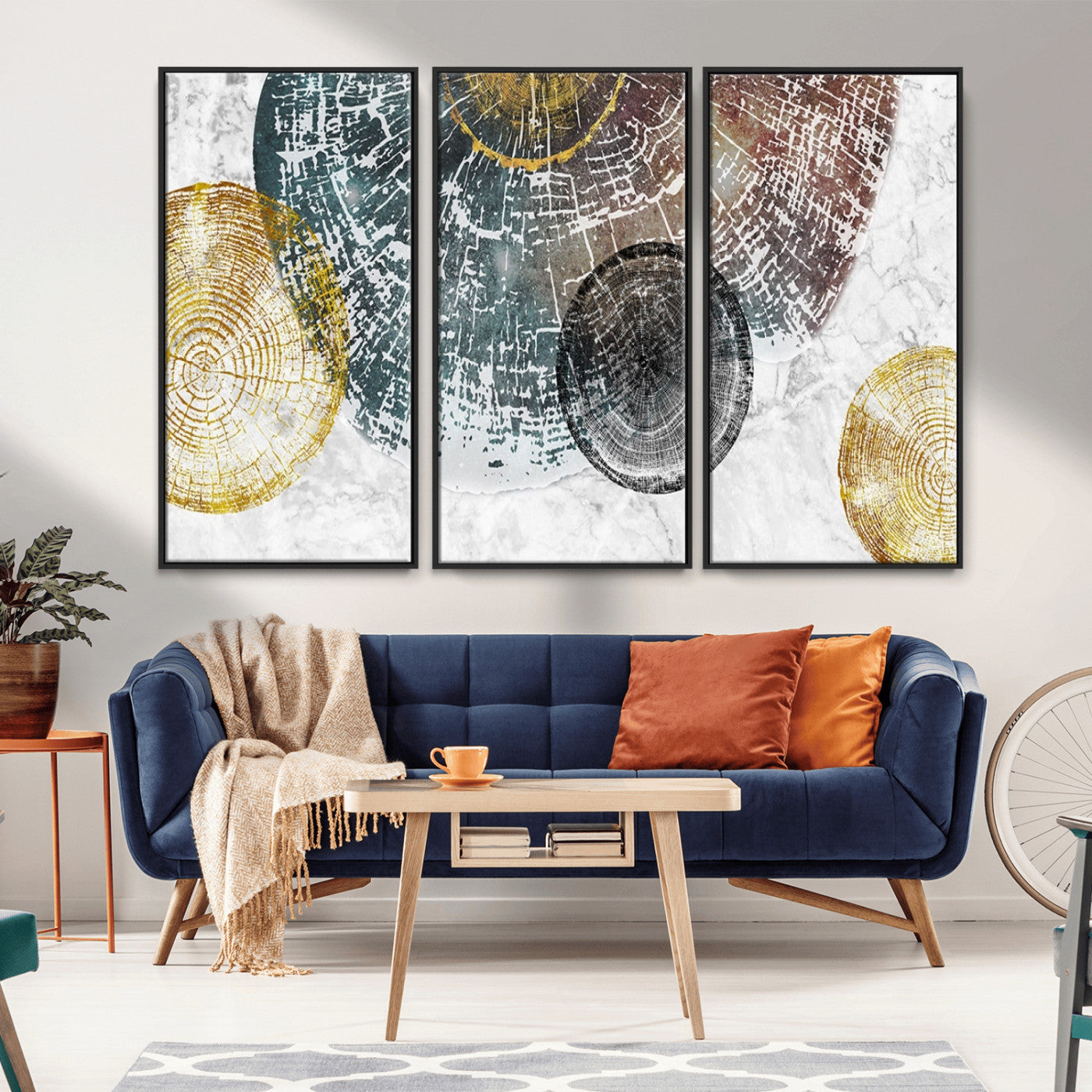 70653-MGV-CV-36X24-Abstract Tree Ring Wall Art – Modern Rustic Wood Slice Canvas Print with Gold Accents, Contemporary Nature Decor for Living Room,