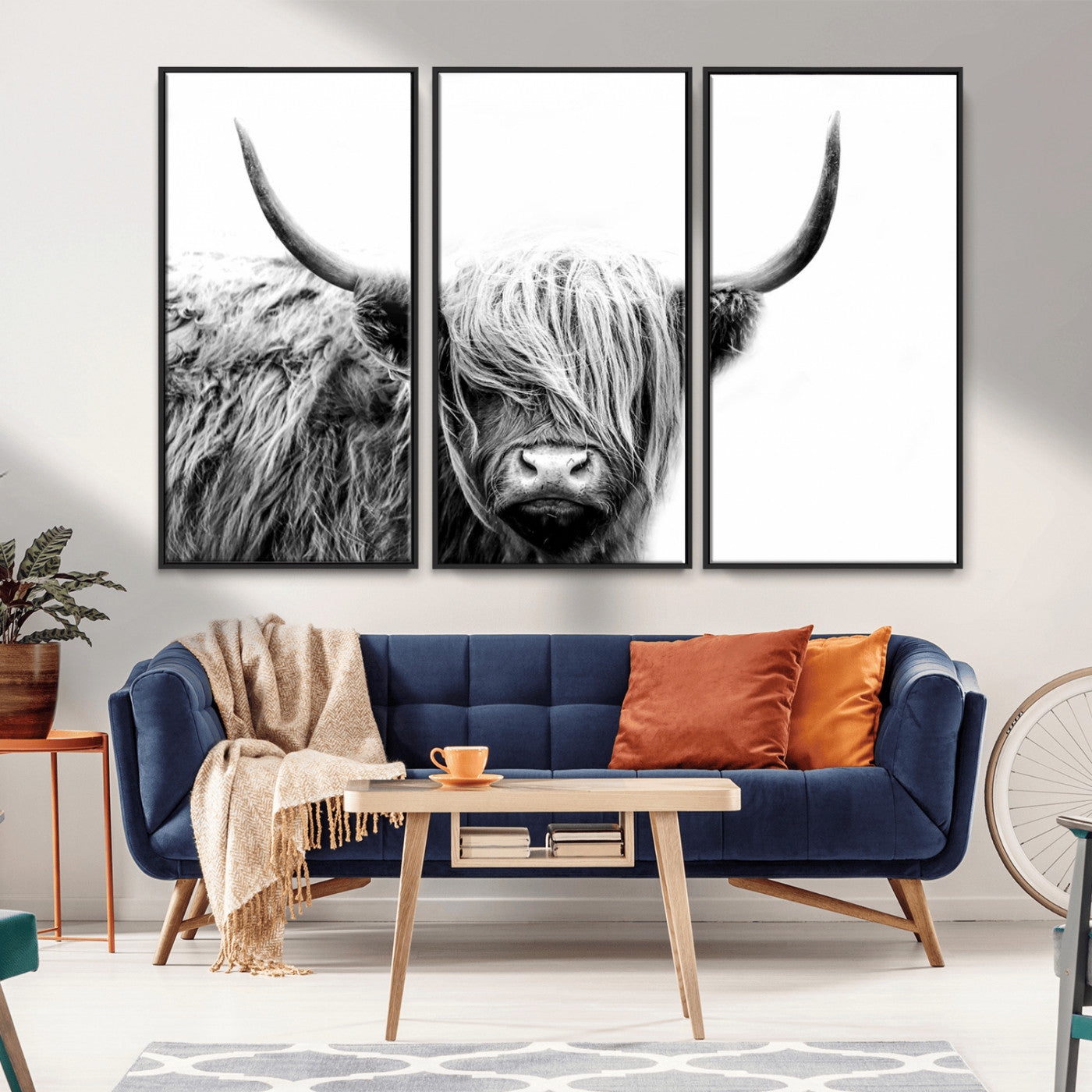 51957-MGV-FC-48X32-3P_Black-Highland Cow Wall Art – Black and White Scottish Highland Bull Canvas Print, Rustic Farmhouse Animal Decor for Living Room,