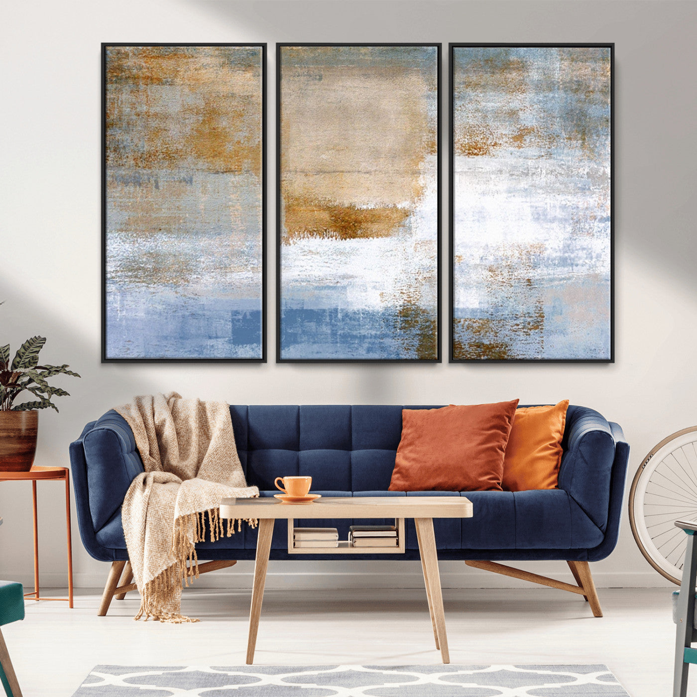 72354-MGV-FC-48X32-3P_Black-Blue and Gold Abstract Wall Art – Modern Minimalist Canvas Print, Textured Contemporary Painting for Living Room, Bedroom, or