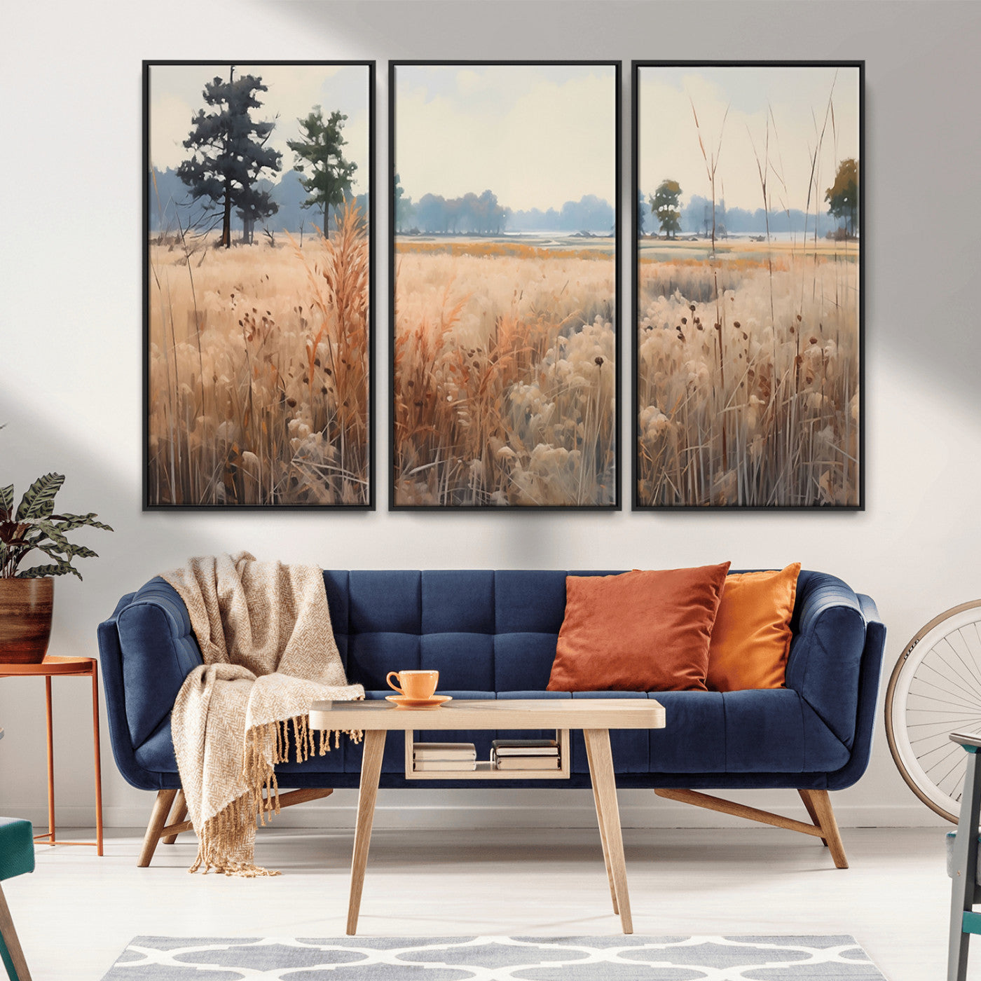 98822-MGV-FC-48X32-3P_Black-Autumn Meadow Wall Art – Tranquil Grassland Landscape Canvas Print, Rustic Country Decor for Living Room, Bedroom or Farmhouse