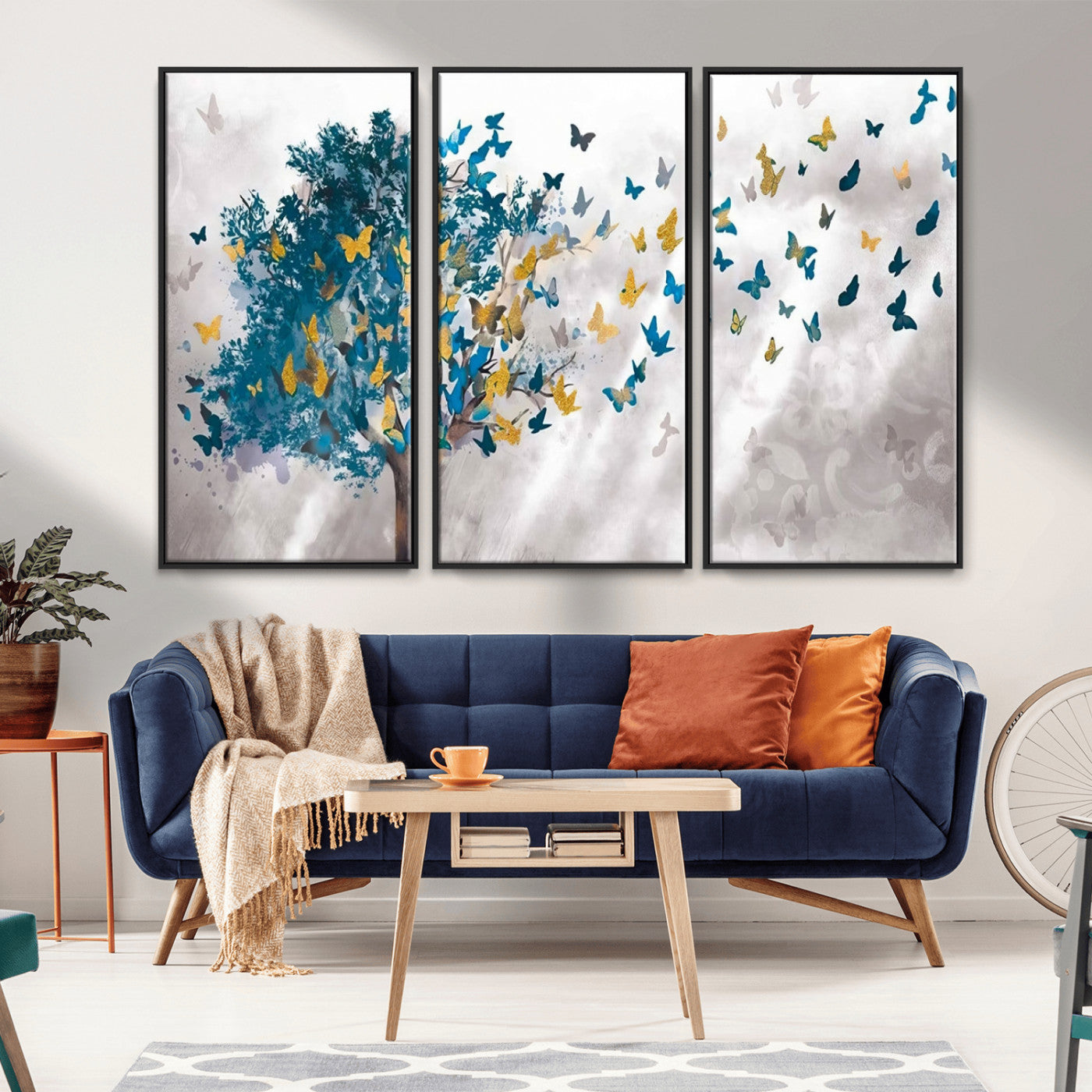 37564-MGV-CV-36X24-Butterfly Tree Wall Art – Modern Nature Canvas Print with Blue and Golden Butterflies, Elegant Decorative Painting for Living Room
