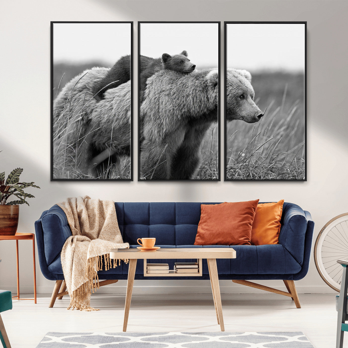 76338-MGV-CV-36X24-Mother Bear and Cub Wall Art – Black and White Wildlife Canvas Print, Rustic Nature Photography for Cabin, Living Room or Office