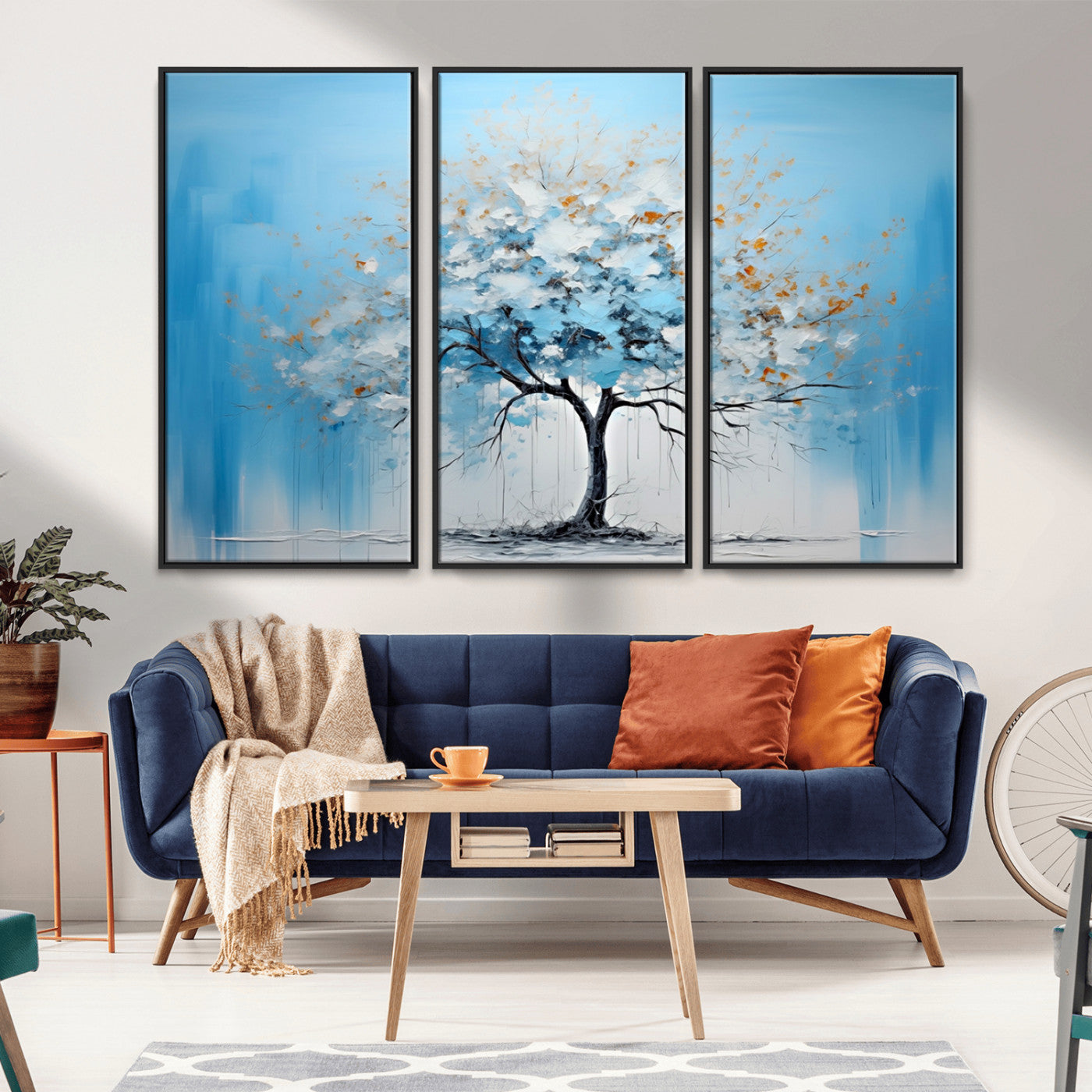 25021-MGV-CV-36X24-Abstract Tree Wall Art – Blue and White Canvas Painting with Gold Accents, Modern Nature-Inspired Artwork for Living Room, Bedroom