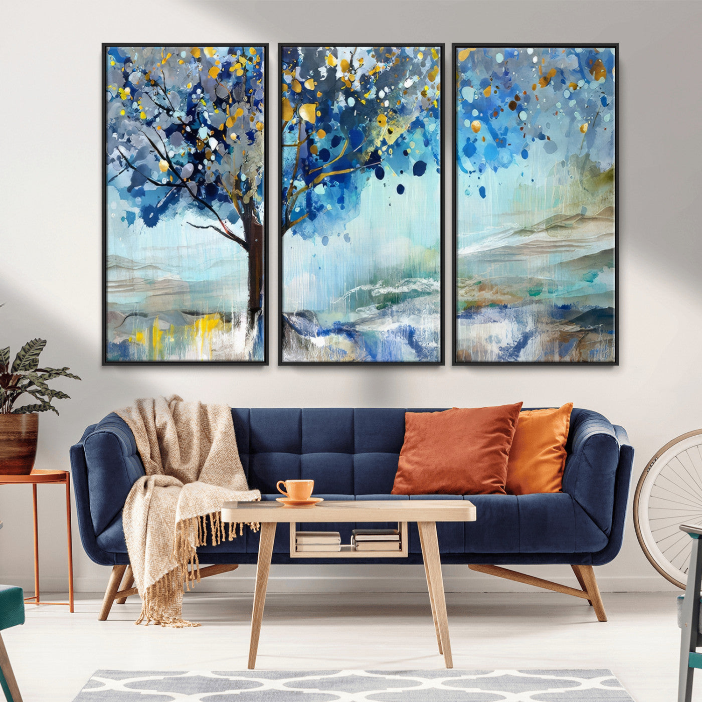 17018-MGV-CV-36X24-Abstract Blue Tree Wall Art – Colorful Canvas Painting with Gold and Silver Accents, Modern Nature Artwork for Living Room,