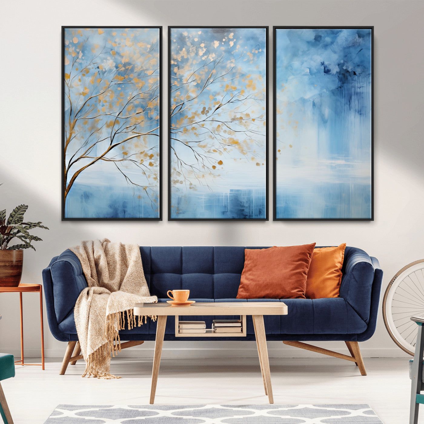 23891-MGV-CV-36X24-Abstract Tree Wall Art – Minimalist Blue and Gold Canvas Painting, Elegant Nature-Inspired Artwork for Living Room, Bedroom or