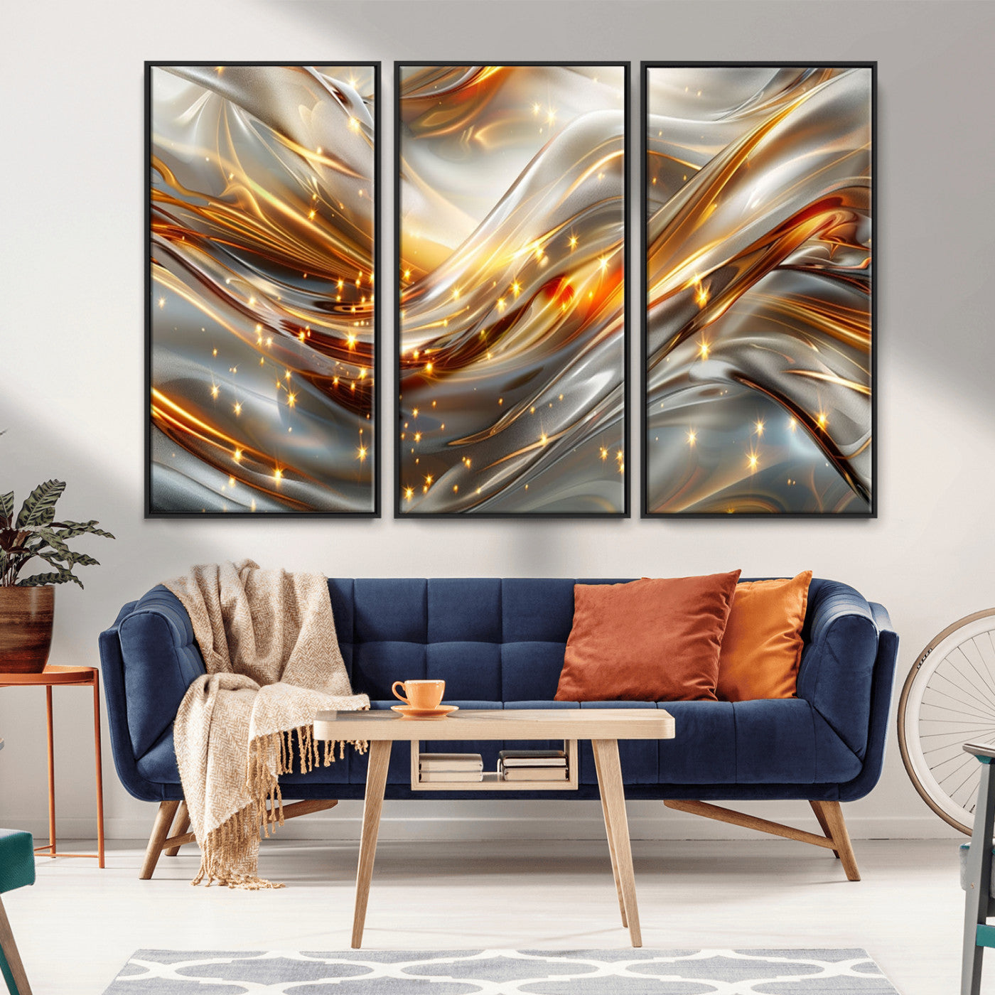 Lines1-MGV-CV-36X24-Abstract Metallic Wall Art – Silver and Gold Wave Canvas Print with Sparkling Accents, Modern Luxury Decor for Living Room, Office
