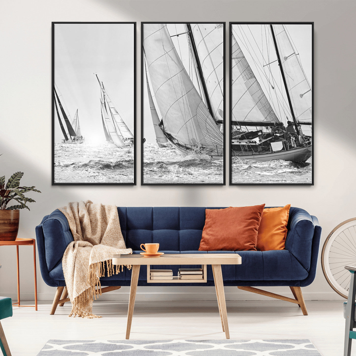 Boat-1-MGV-CV-36X24-Sailboat Racing Wall Art – Nautical Black and White Canvas Print, Ocean Adventure Decor for Office, Living Room or Bedroom