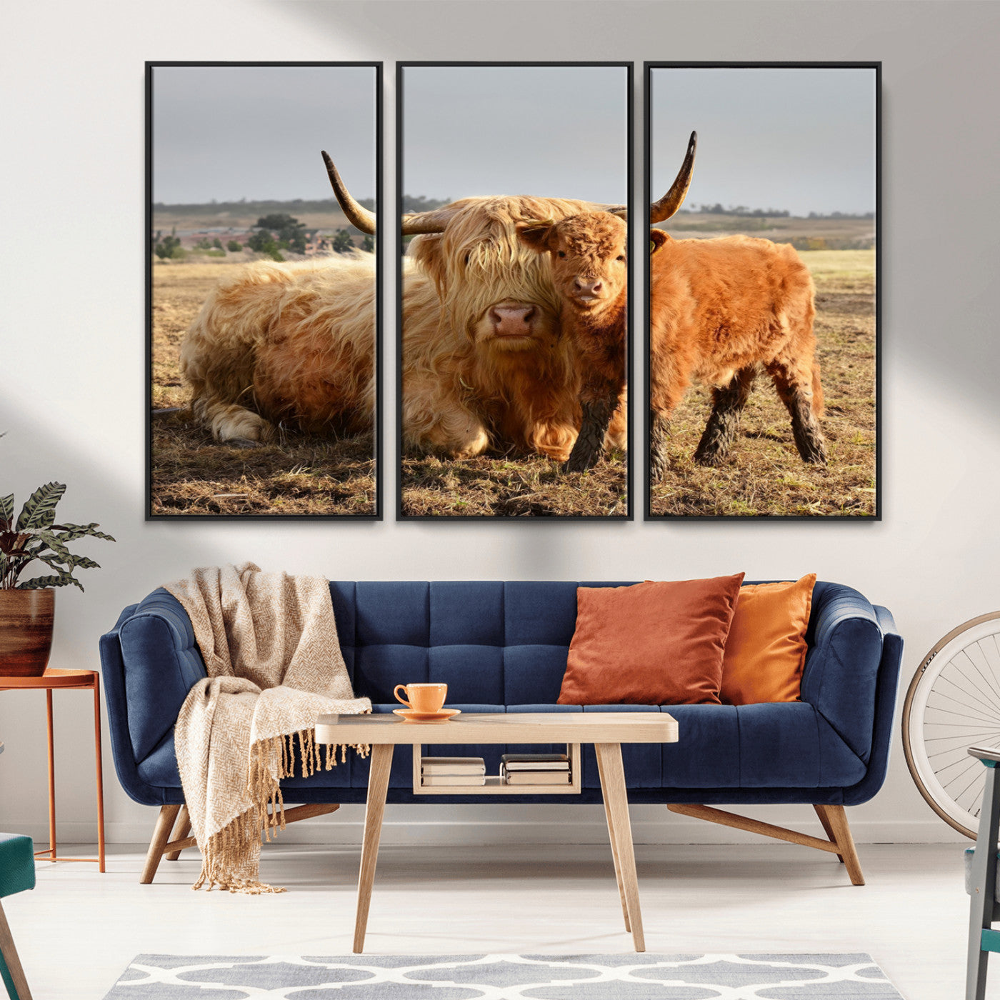 53461-MGV-FC-48X32-3P_Black-Highland Cow Family Wall Art – Rustic Farmhouse Animal Canvas Print, Country Decor for Living Room, Bedroom or Office, Calf and