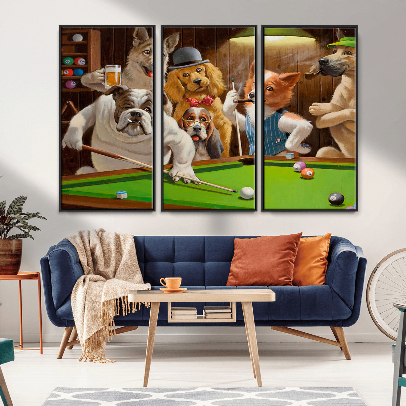 34228-MGV-CV-36X24-Dogs Playing Pool Wall Art Canvas Print, Framed Funny Dog Art Picture Print, Dog Perfect Game Room Decor Artwork
