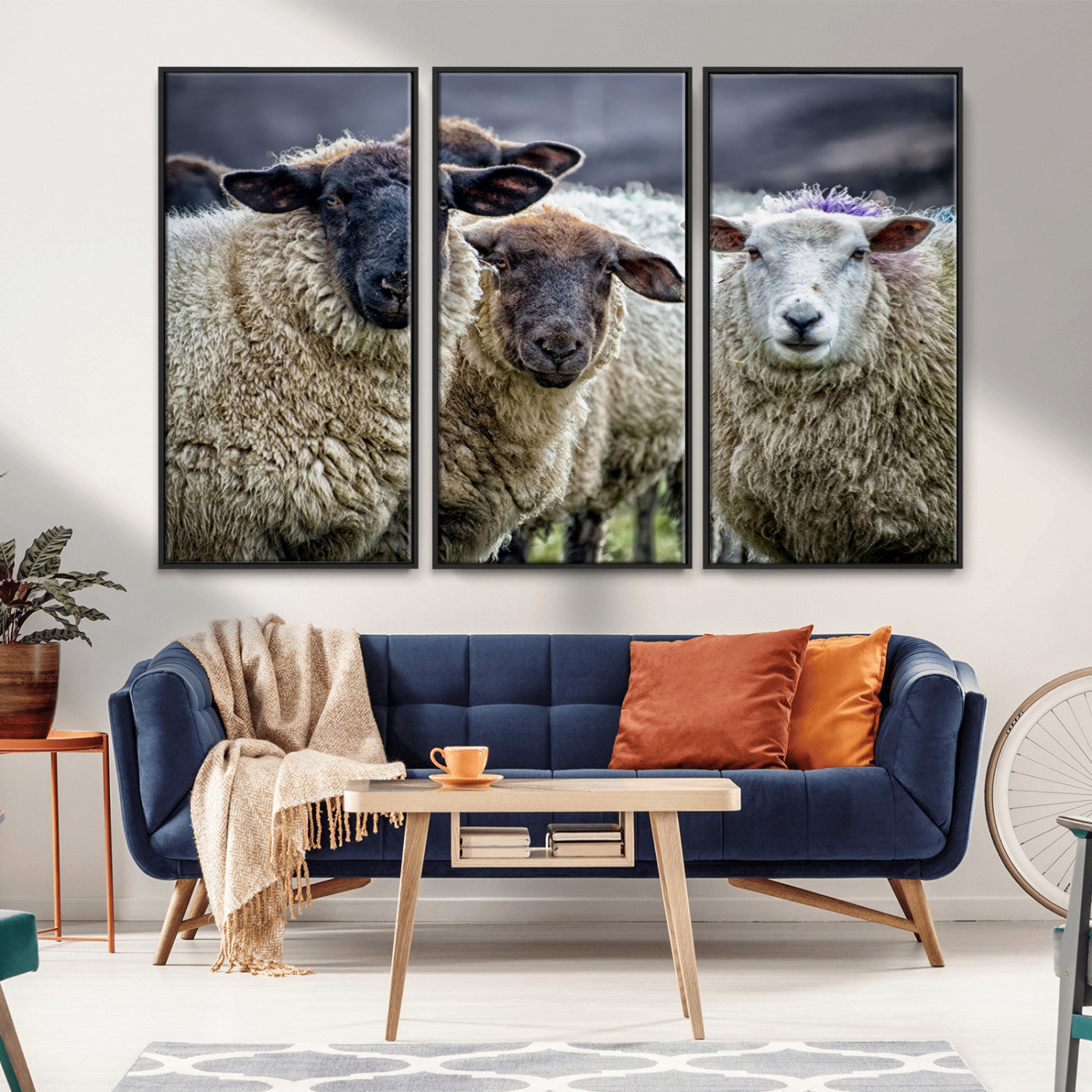 18418-MGV-FC-48X32-3P_Black-Sheep Wall Art Canvas Print, Framed Farmhouse Sheep Art Picture Print, Sheep Herd Perfect Rustic Farmhouse Decor Artwork