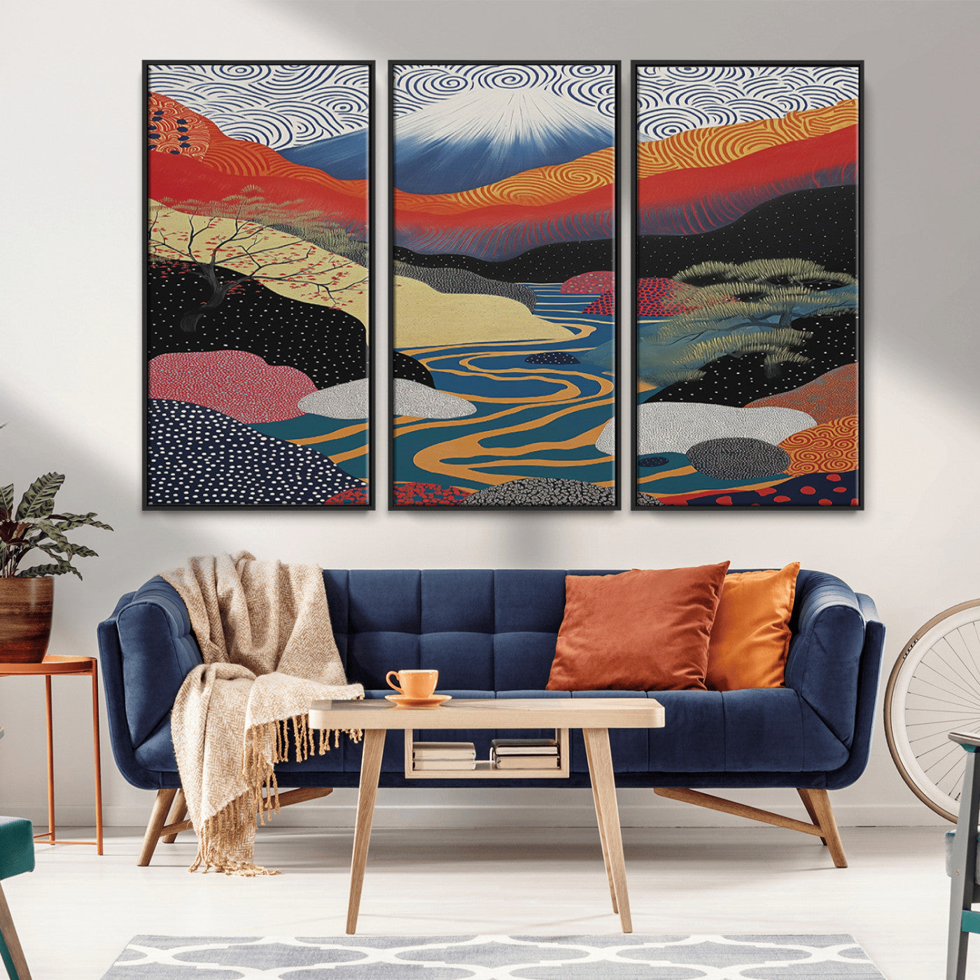 32131-MGV-CV-36X24-Japanese Mount Fuji Wall Art – Abstract Landscape Canvas Print with Swirling Sky & River, Modern Minimalist Asian Inspired Poster