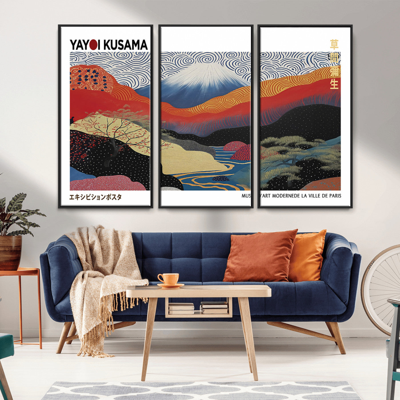14839-MGV-CV-36X24-Yayoi Kusama Wall Art – Panoramic Mountain & River Canvas Print, Modern Abstract Japanese Landscape Decor for Living Room or