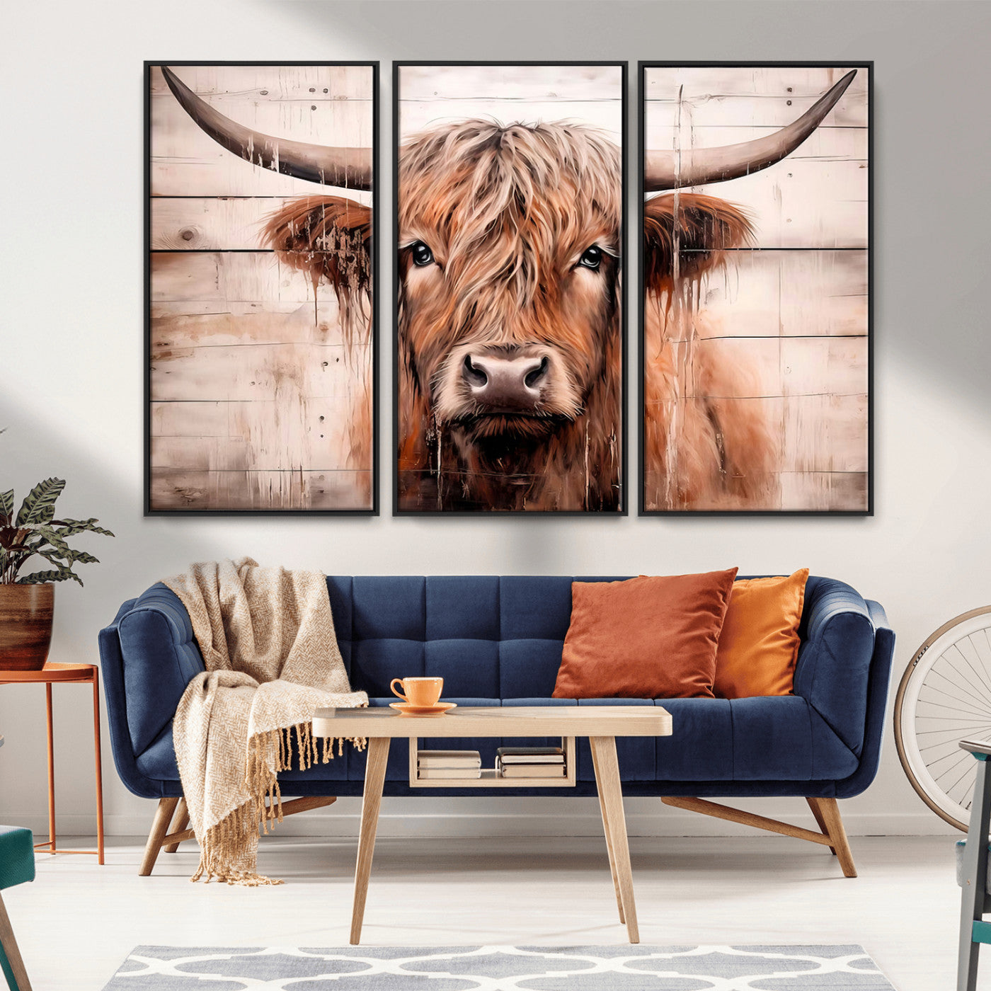 93730-MGV-FC-48X32-3P_Black-Scottish Cow Wall Art Canvas Print, Framed Longhorn Cow Art Picture Print, Highland Cattle Perfect Rustic Farmhouse Decor Artwork