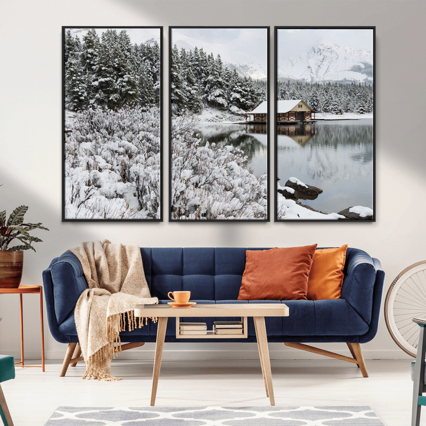 94285-MGV-FC-48X32-3P_Black-Snowy Cabin Wall Art Canvas Print, Framed Winter Cabin Art Picture Print, Mountain Lake Perfect Snowy Nature Decor Artwork