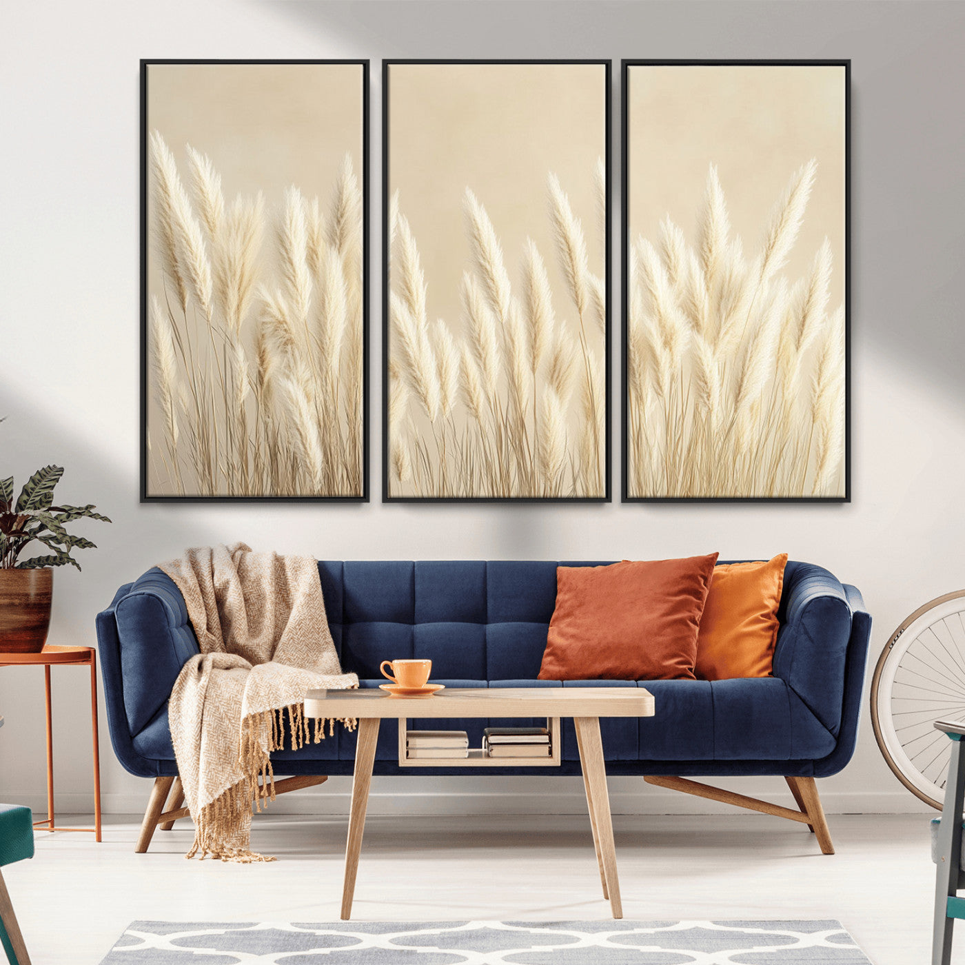 81444-MGV-FC-48X32-3P_Black-Pampas Grass Wall Art Canvas Print, Framed Beige Pampas Grass Art Picture Print, Minimalist Beige Perfect Minimalist Nature Decor