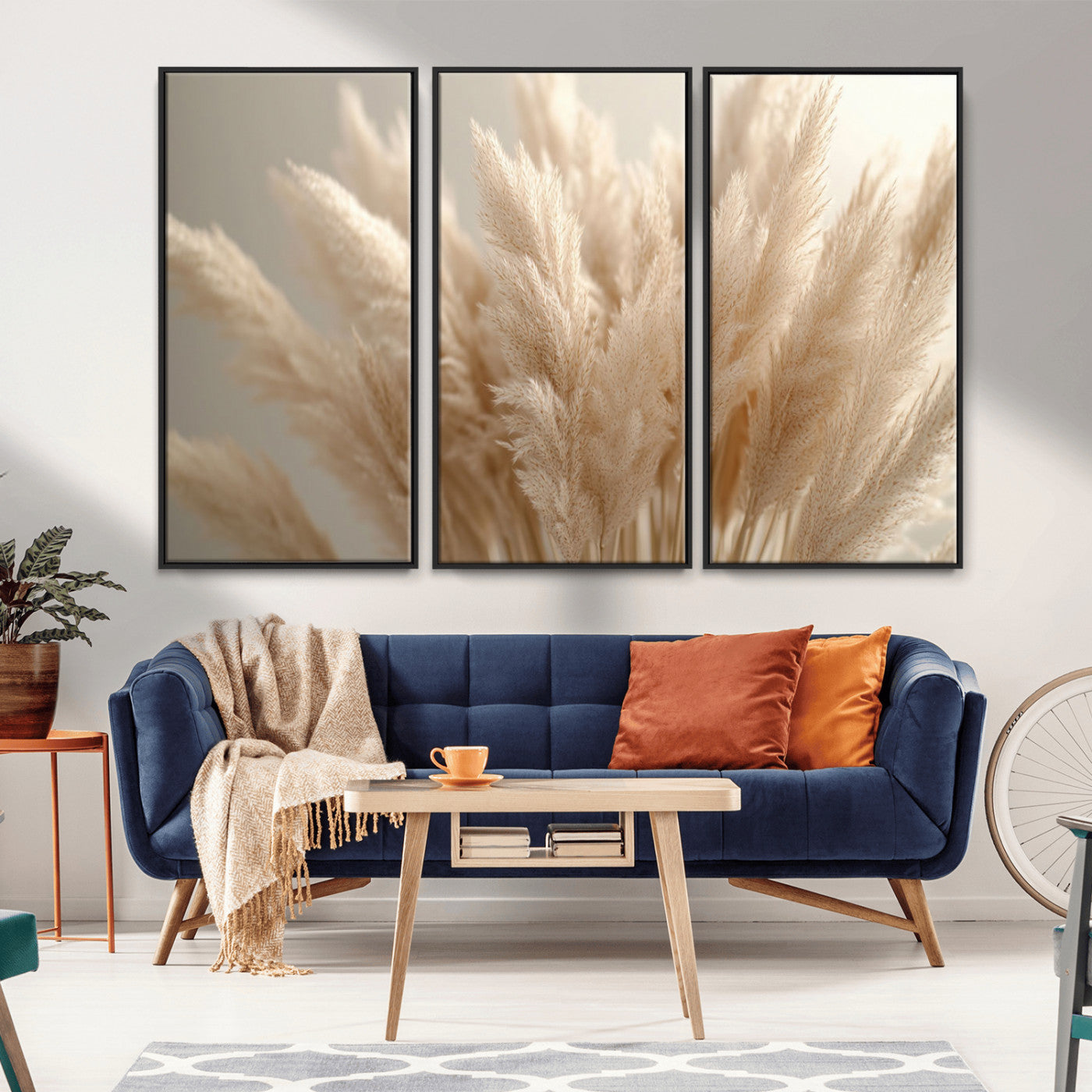 50300-MGV-FC-48X32-3P_Black-Pampas Grass Wall Art Canvas Print, Framed Minimalist Pampas Grass Art Picture Print, Beige Pampas Grass Perfect Minimalist Boho