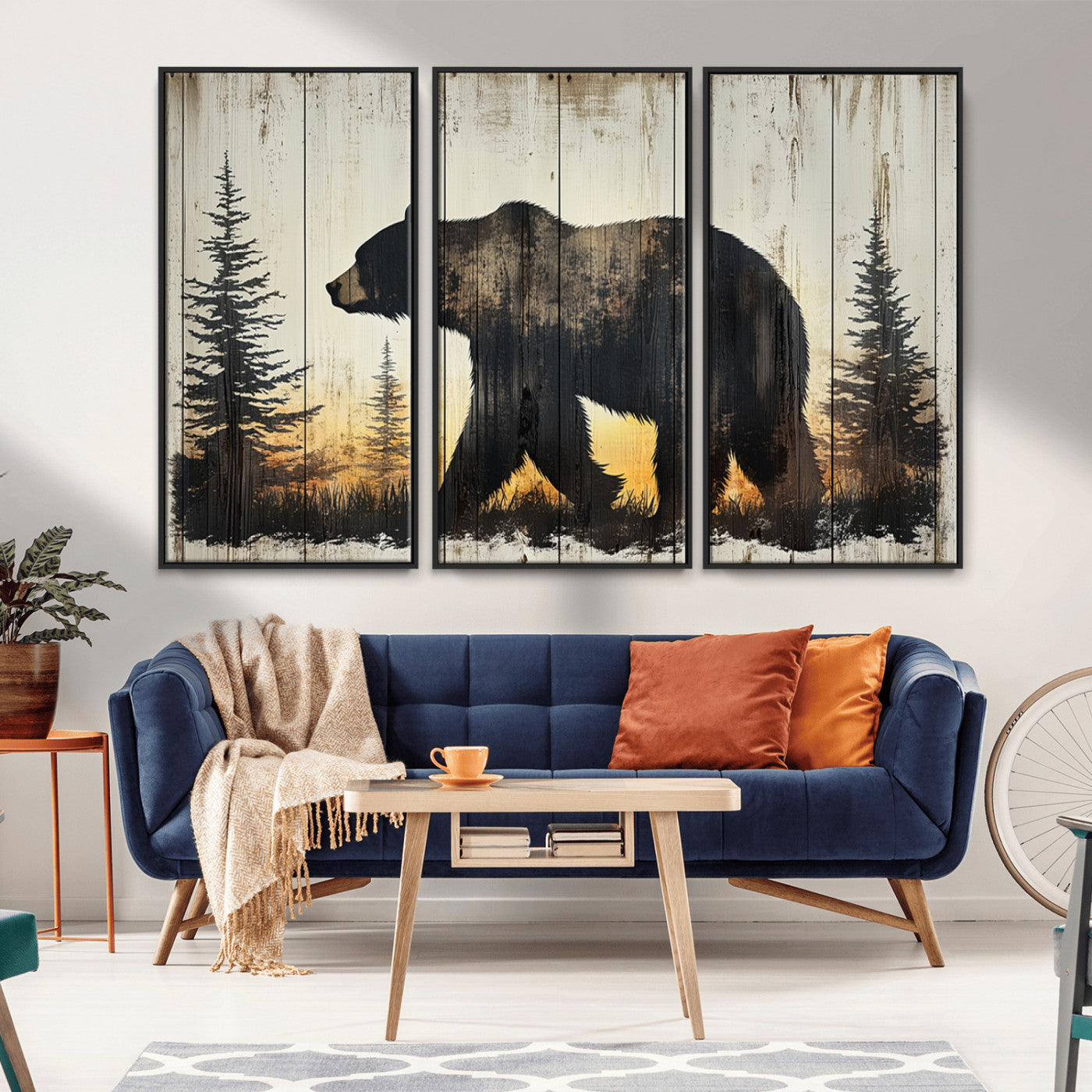83875-MGV-FC-48X32-3P_Black-Sunset Bear Wall Art – Rustic Wildlife Canvas Print with Forest Silhouette, Cabin Lodge Decor for Living Room or Office