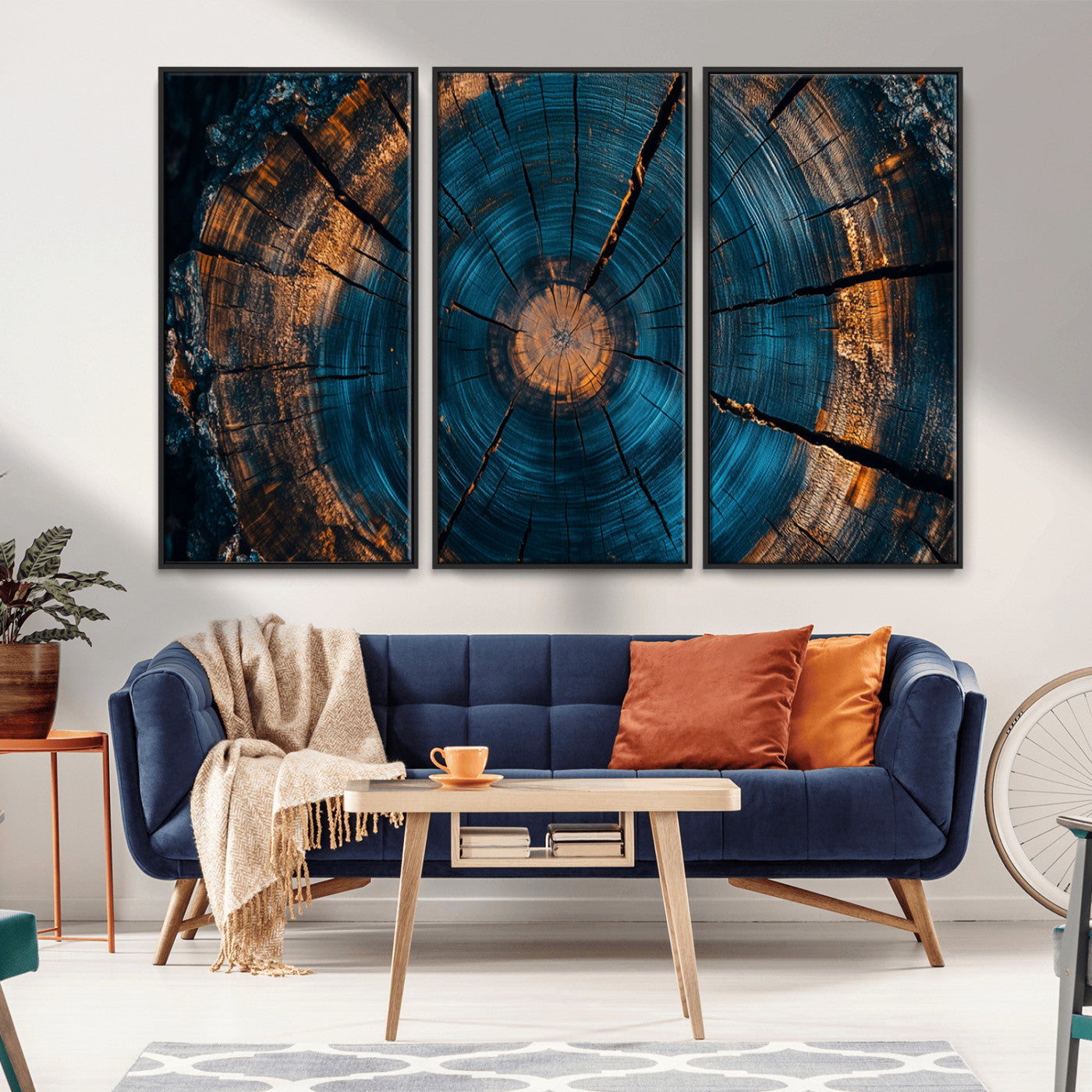 65231-MGV-FC-48X32-3P_Black-Blue and Gold Tree Ring Wall Art – Rustic Abstract Wood Slice Canvas Print, Modern Nature Inspired Artwork for Living Room,