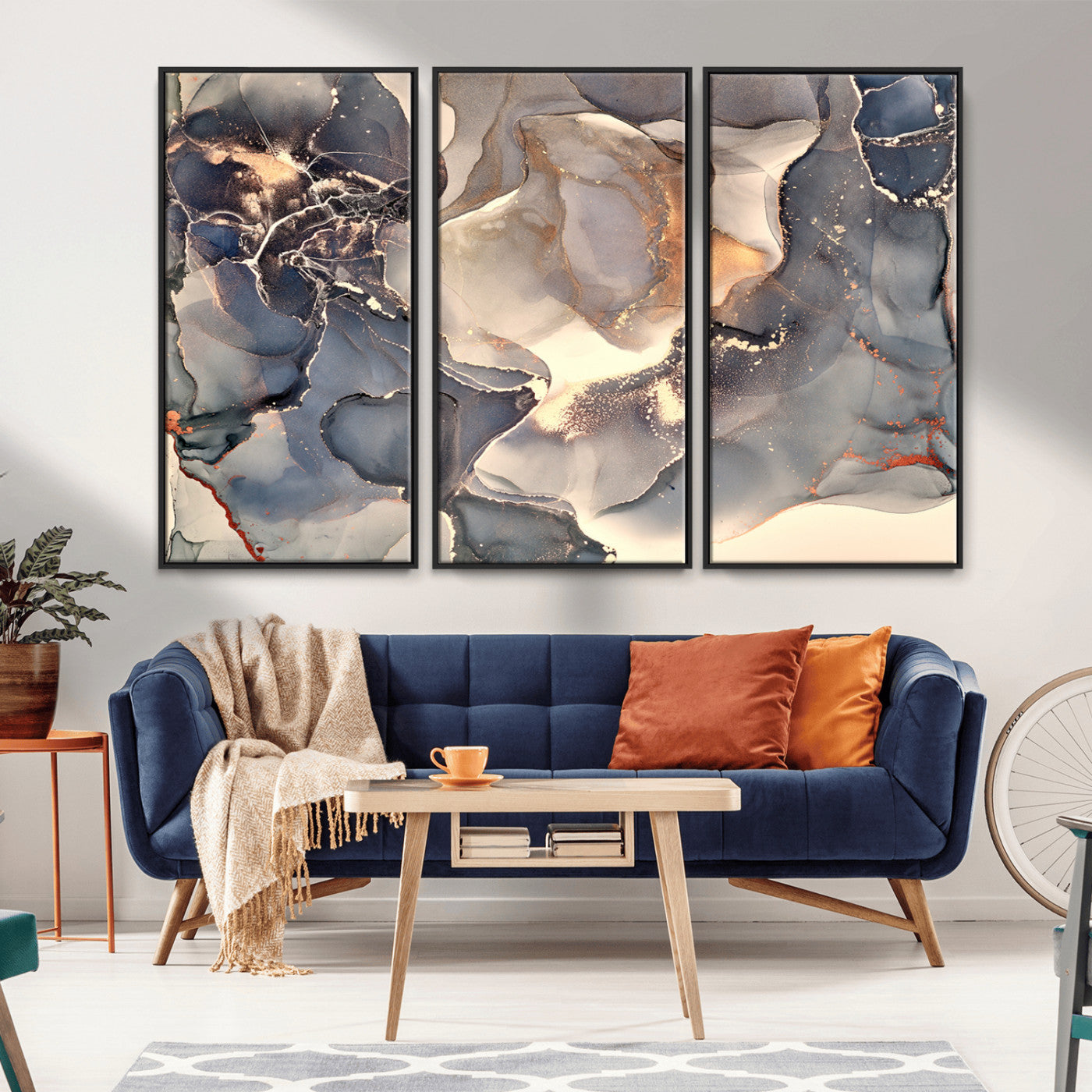 18202-MGV-CV-36X24-Abstract Neutral Wall Art – Blue, Beige and Gold Fluid Ink Canvas Print, Modern Minimalist Painting for Living Room, Office