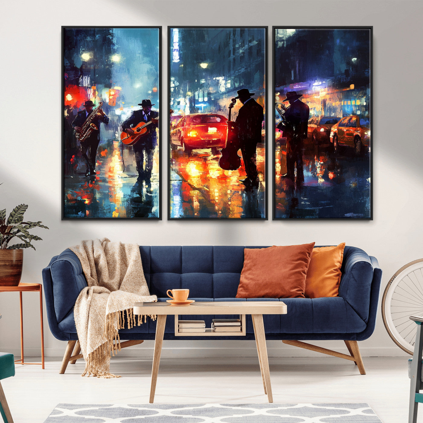 94605-MGV-CV-36X24-City Jazz Night Wall Art – Vibrant Music Canvas Print Featuring Saxophone, Guitar and Bass Players, Urban Street Scene Artwork for