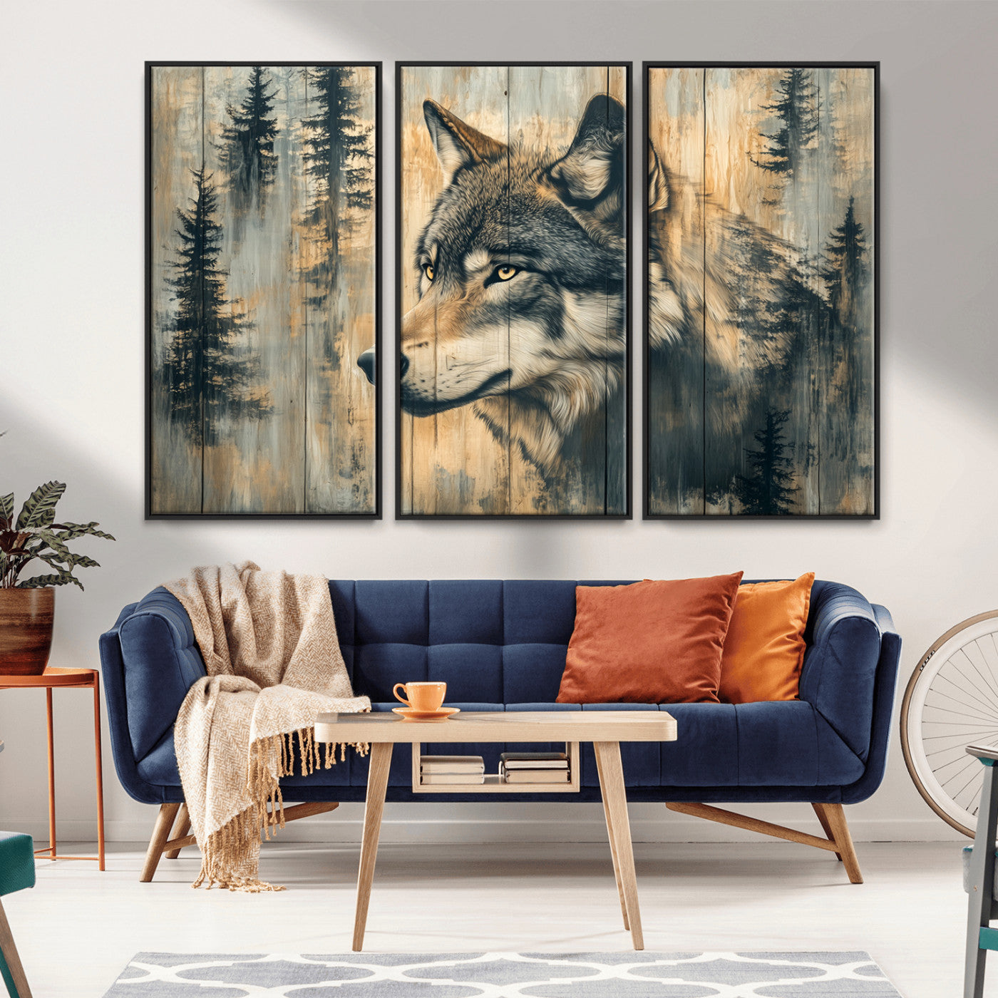 51892-MGV-CV-36X24-Wolf Wall Art – Rustic Canvas Print of Wolf with Forest Trees on Wood Texture, Wildlife Lodge Artwork for Living Room, Bedroom,
