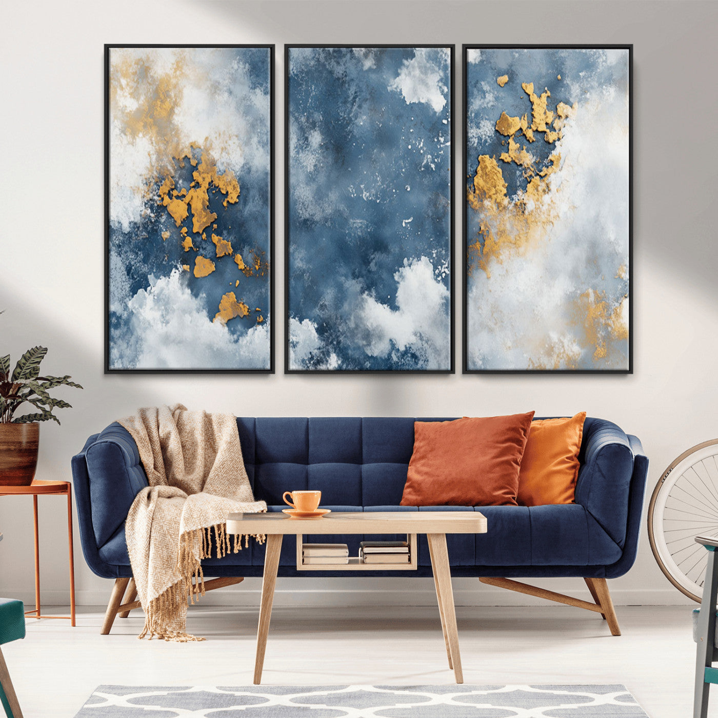 39575-MGV-CV-36X24-Blue and Gold Abstract Wall Art – Modern Canvas Print Featuring Cloudy Textures with Metallic Accents, Contemporary Artwork for