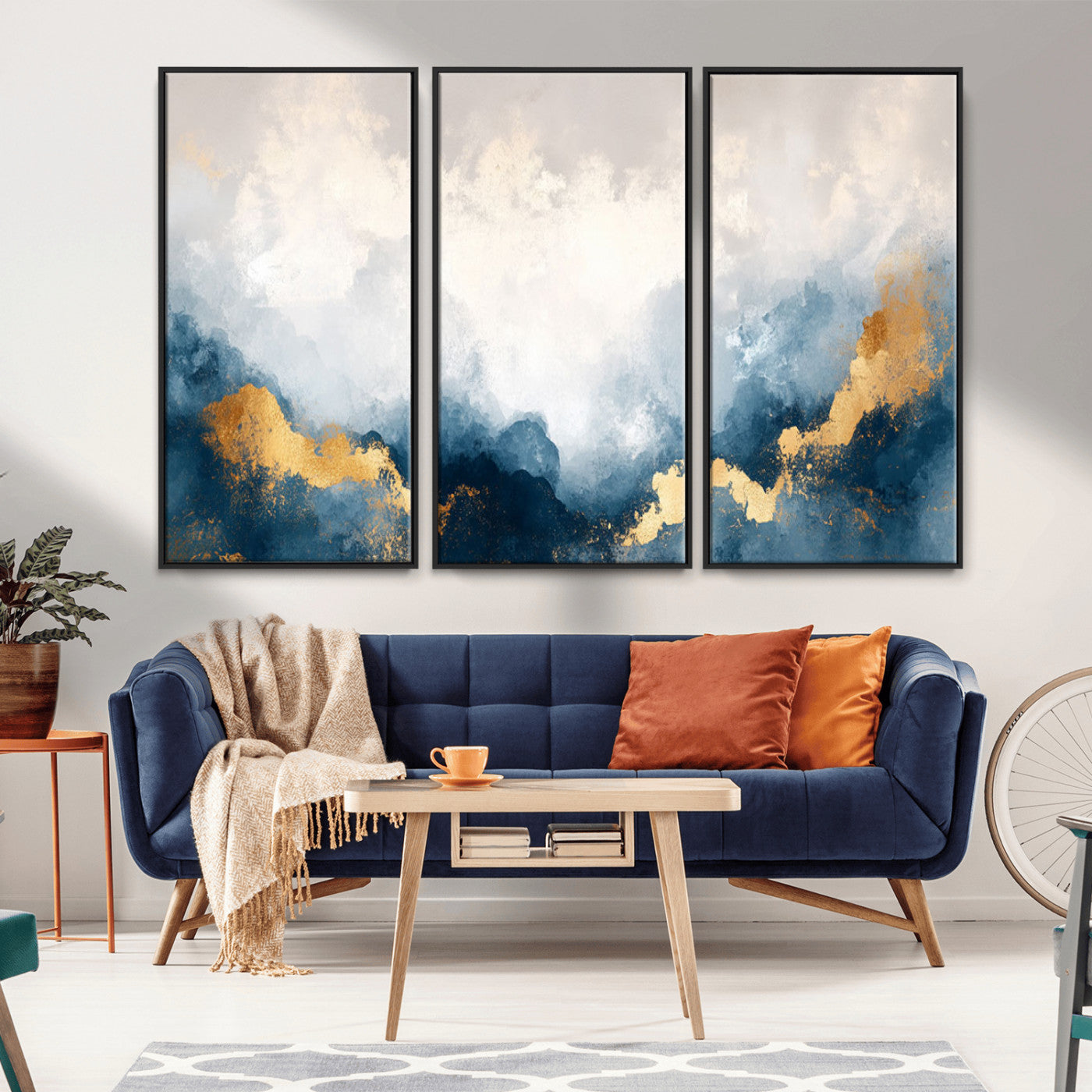 14578-MGV-FC-48X32-3P_Black-Abstract Wall Art – Modern Canvas Print Featuring Blue and White Clouds with Golden Accents, Contemporary Elegant Artwork for
