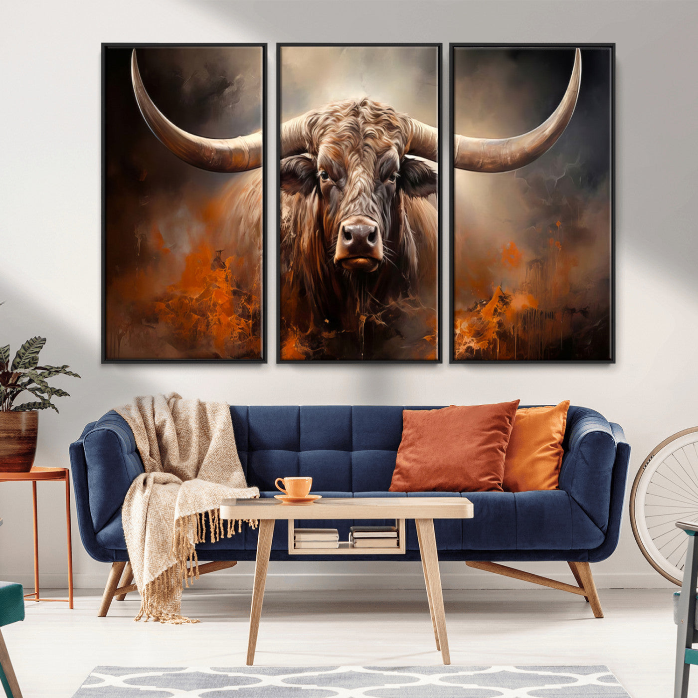 240479-MGV-CV-36X24-Longhorn Bull Wall Art – Dramatic Western Canvas Print Featuring Horned Bull with Fiery Background, Rustic Farmhouse Artwork for