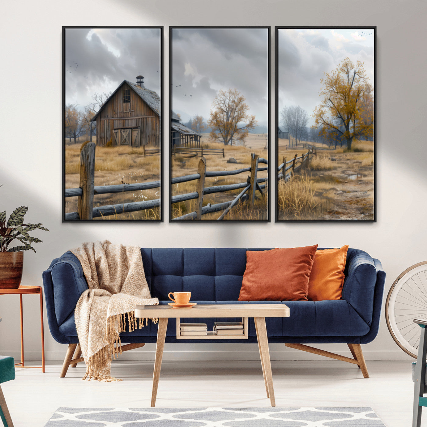 Farm1-MGV-FC-48X32-3P_Black-Rustic Autumn Farmhouse Wall Art – Serene Countryside Scene Canvas Print, Weathered Barn and Autumn Trees Decor for Living Room,