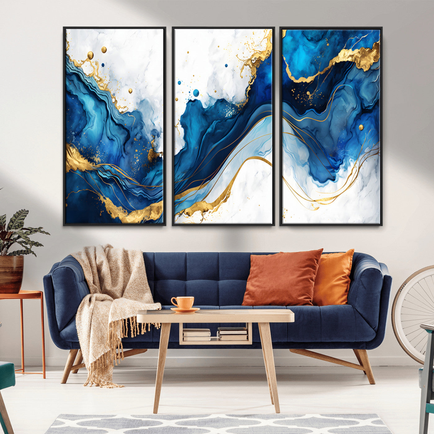 33506371-MGV-CV-36X24-Blue Marble Wall Art Canvas Print, Framed Gold Splash Art Picture Print, Abstract Wave Perfect Modern Luxe Decor Artwork