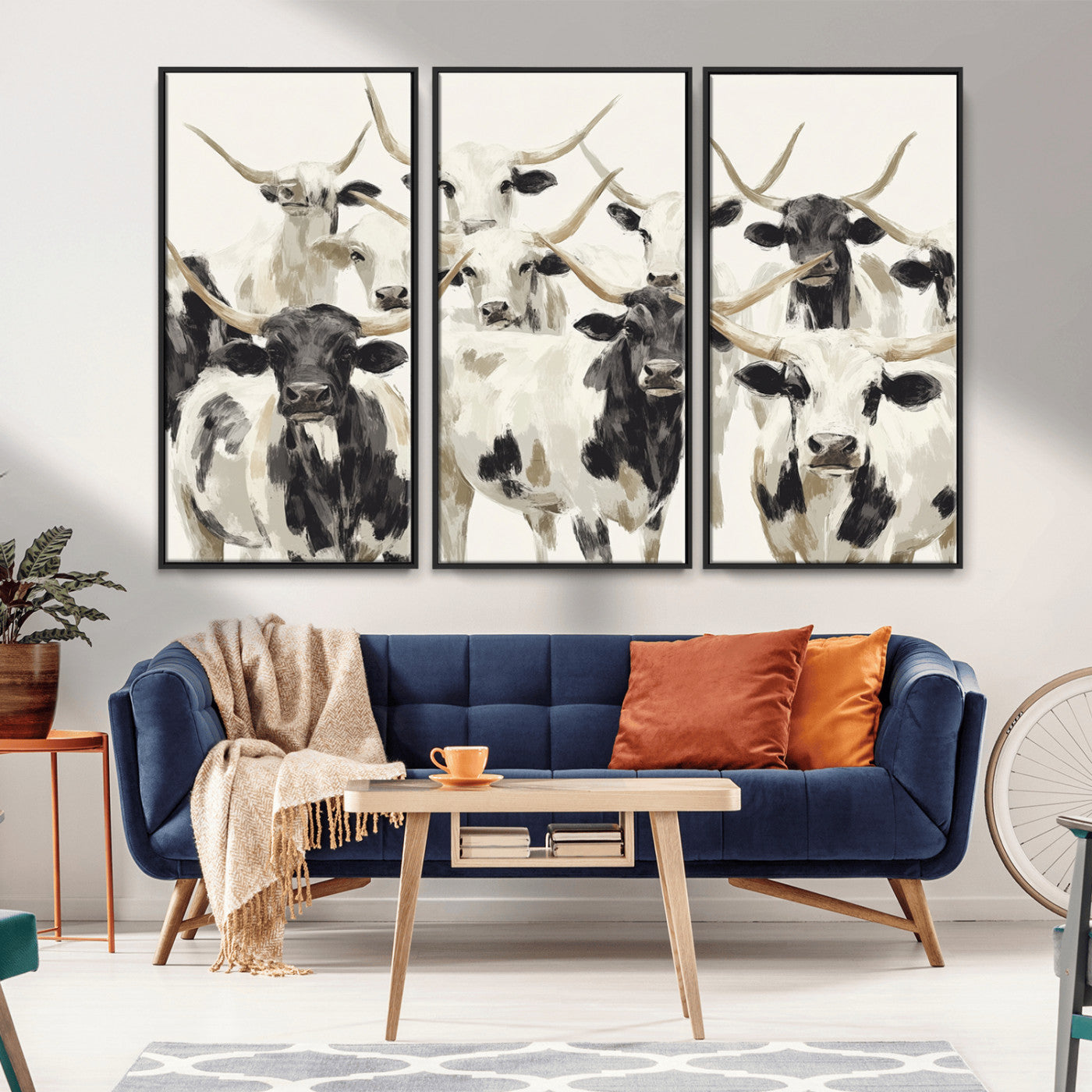 52947970-MGV-FC-48X32-3P_Black-Texas Longhorn Wall Art Canvas Print, Framed Cattle Herd Art Picture Print, Herd Portrait Perfect Modern Farmhouse Decor Artwork