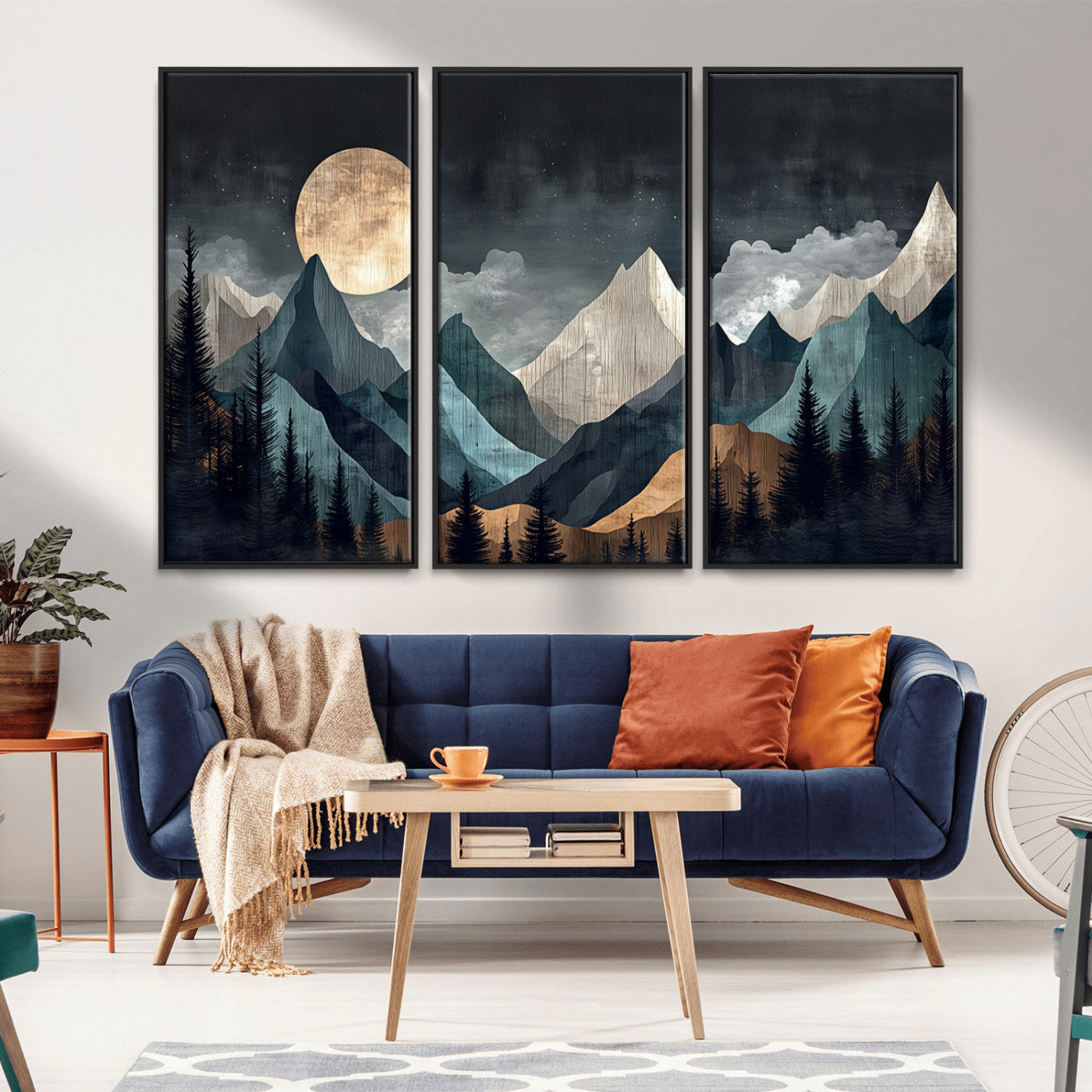 11060882-MGV-CV-36X24-Moonlit Mountains Wall Art Canvas Print, Framed Forest Silhouette Art Picture Print, Night Landscape Perfect Modern Forest Decor