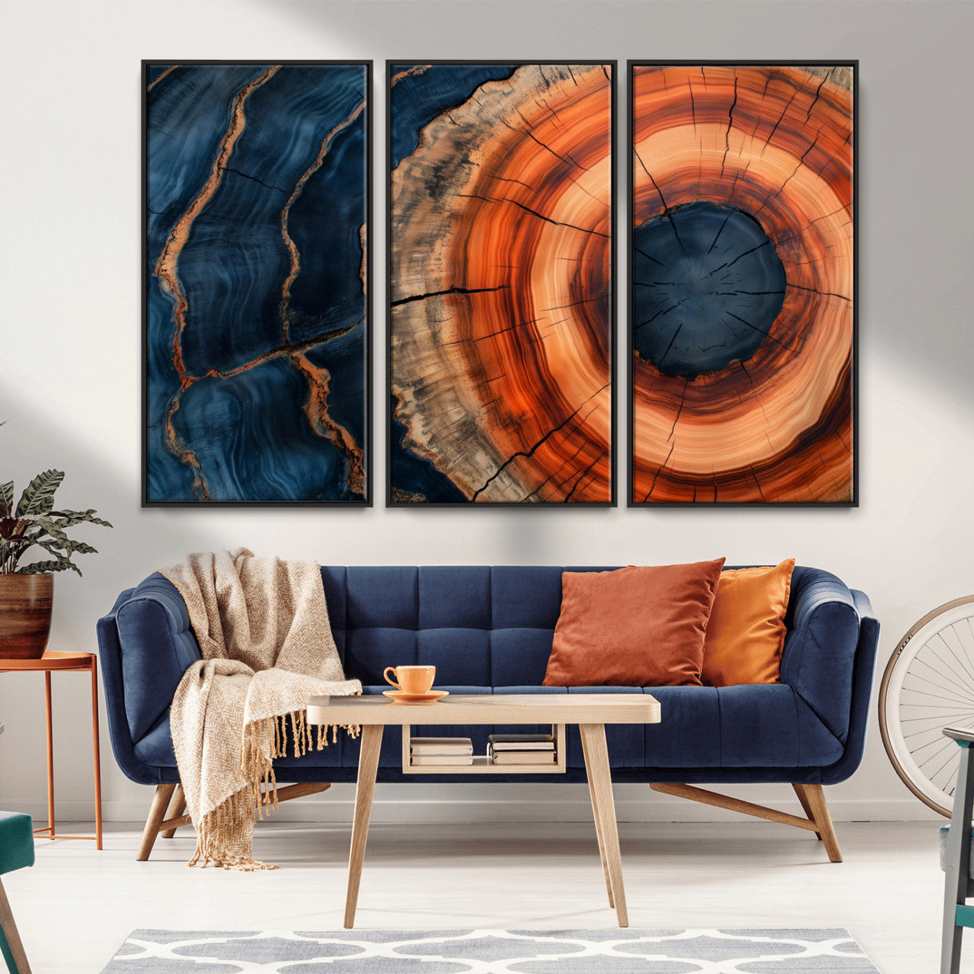 41123192-MGV-CV-36X24-Tree Ring Canvas Wall Art – Abstract Blue Orange Wood Grain Print, Rustic Modern Nature Artwork for Living Room, Bedroom, Office