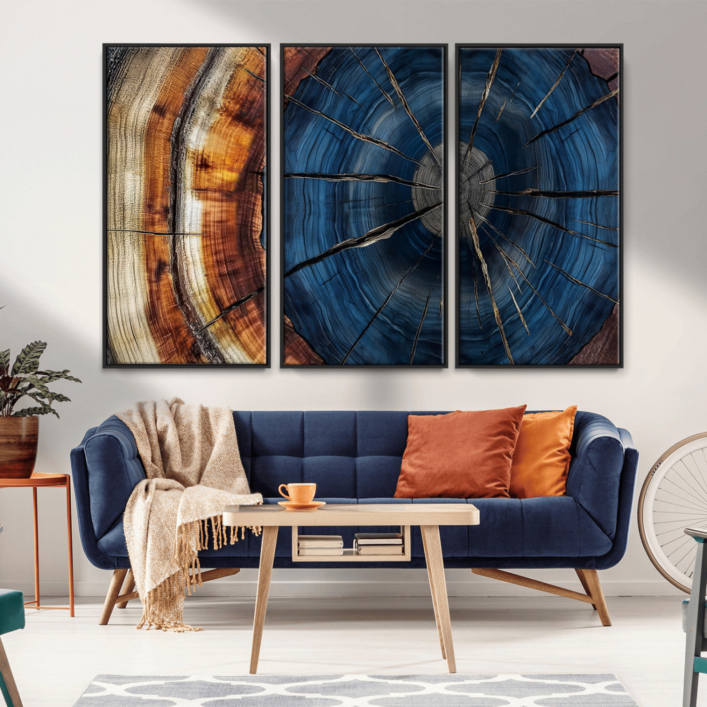 60099360-MGV-CV-36X24-Blue Tree Ring Wall Art – Rustic Wood Grain Canvas Print, Modern Abstract Artwork with Natural Texture for Living Room, Bedroom,