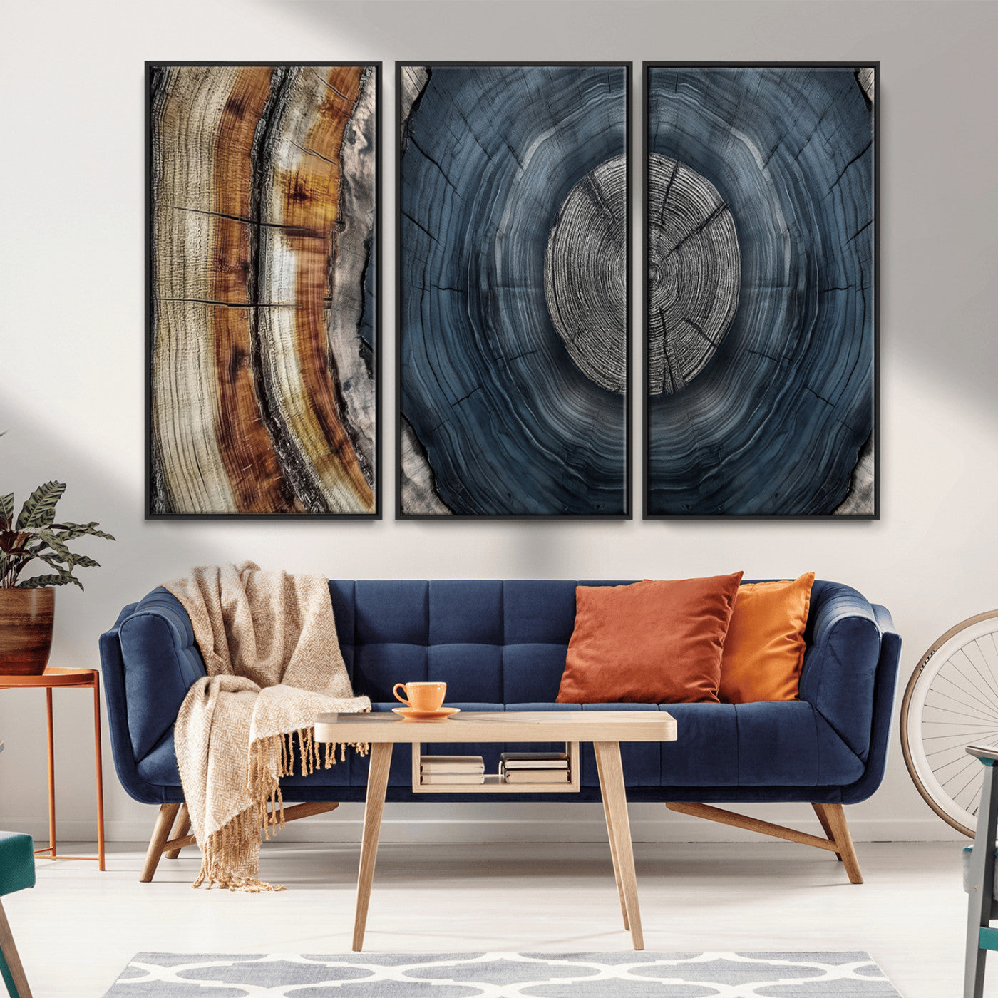 91368647-MGV-CV-36X24-Smoky Blue Tree Ring Wall Art – Rustic Wood Cross Section Canvas Print, Modern Nature Inspired Decor for Living Room, Office, or