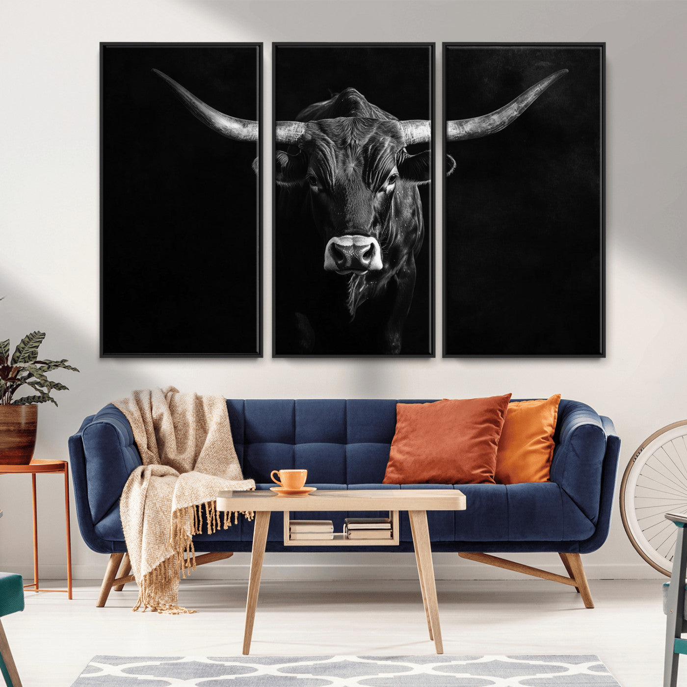 42077175-MGV-CV-36X24-Texas Longhorn Wall Art Canvas Print, Framed Monochrome Bull Art Picture Print, Horned Bull Perfect Rustic Western Decor Artwork