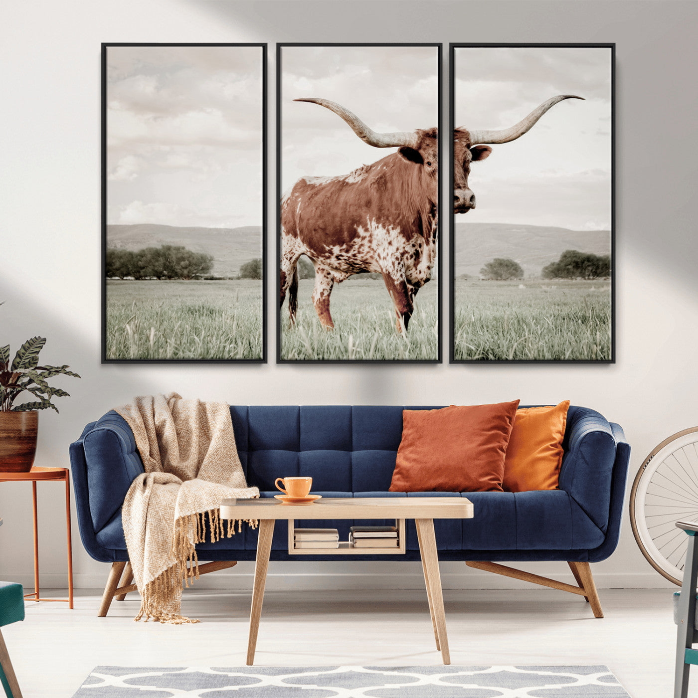 28309012-MGV-CV-36X24-Texas Longhorn Wall Art Canvas Print, Framed Spotted Cattle Art Picture Print, Horned Bull Perfect Rustic Western Decor Artwork