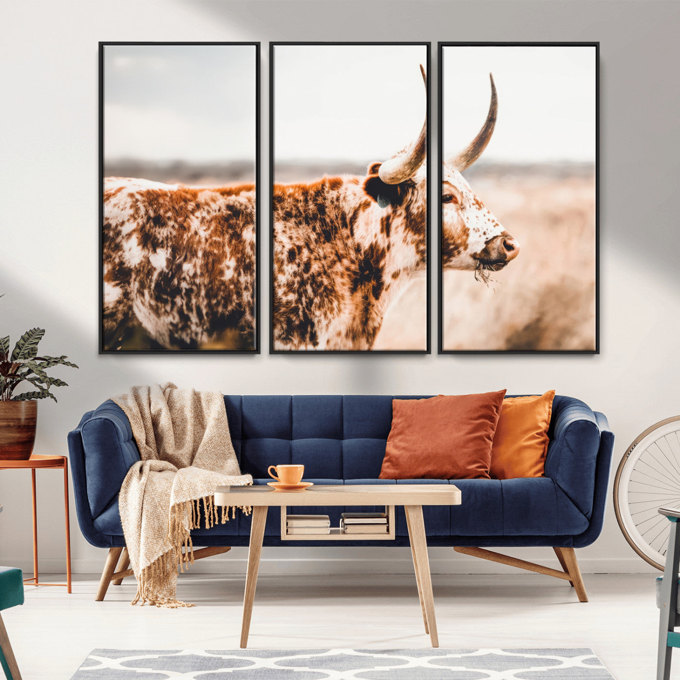 11528295-MGV-CV-36X24-Speckled Longhorn Wall Art Canvas Print, Framed Texas Cattle Art Picture Print, Horned Cow Perfect Rustic Western Decor Artwork