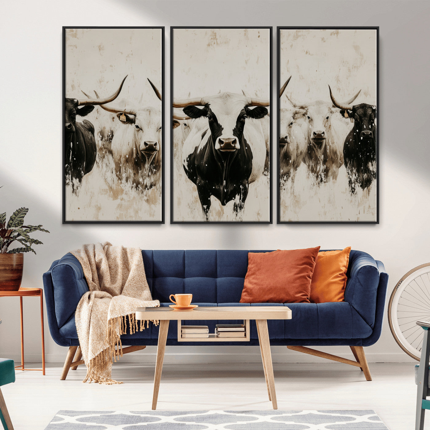 12027562-MGV-CV-36X24-Longhorn Cattle Wall Art Canvas Print, Framed Bison Herd Art Picture Print, Cattle Group Perfect Rustic Farmhouse Decor Artwork
