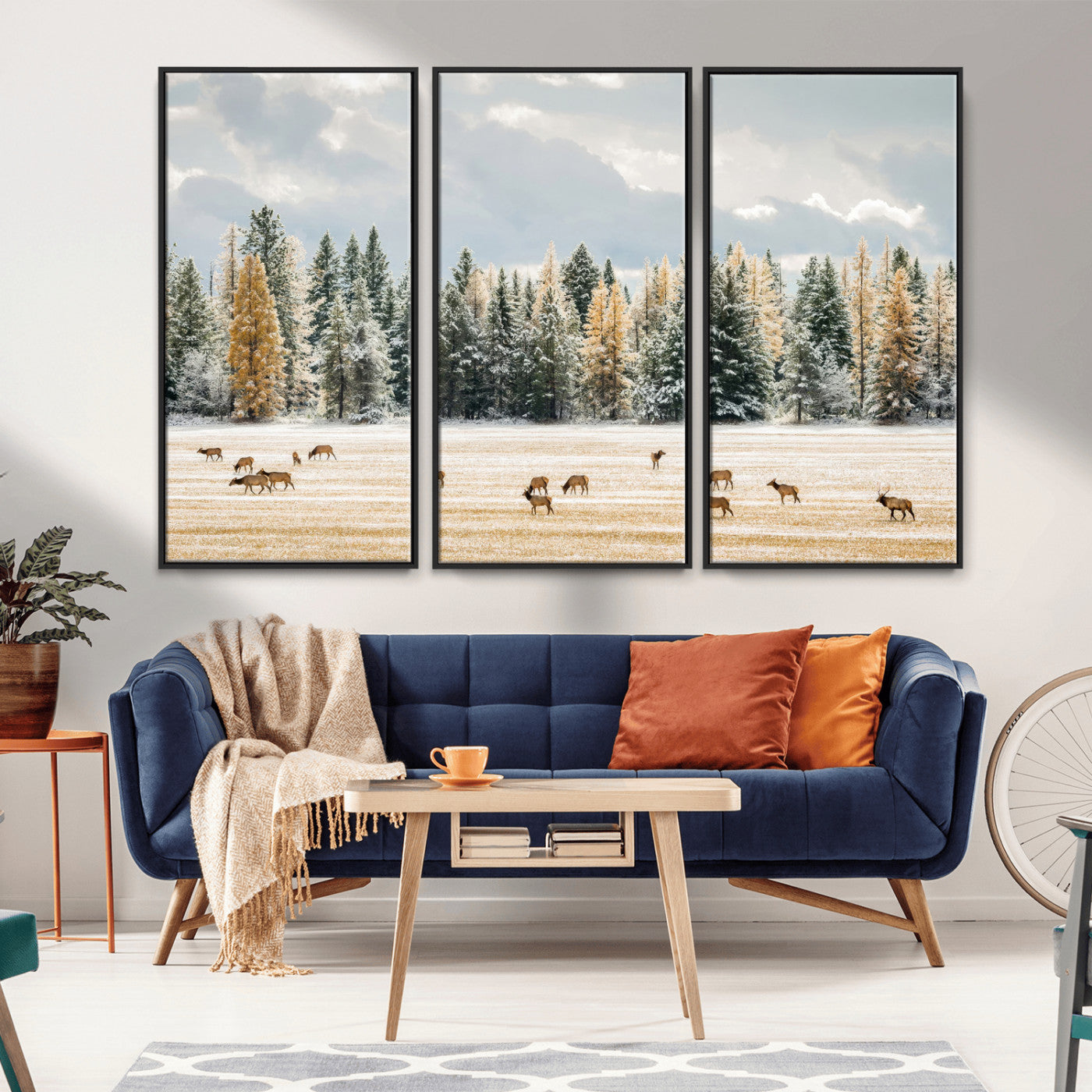 64188182-MGV-CV-36X24-Elk Herd Wall Art Canvas Print, Framed Snowy Forest Art Picture Print, Forest Elks Perfect Neutral Rustic Decor Artwork