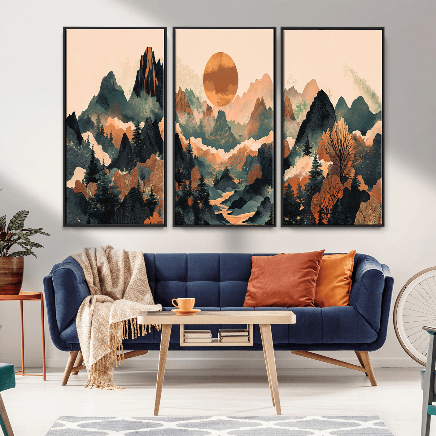 13012770-MGV-CV-36X24-Mountain Landscape Wall Art – Modern Nature Canvas Print with Sun, Misty Peaks, and Forest in Orange and Green Tones for Living