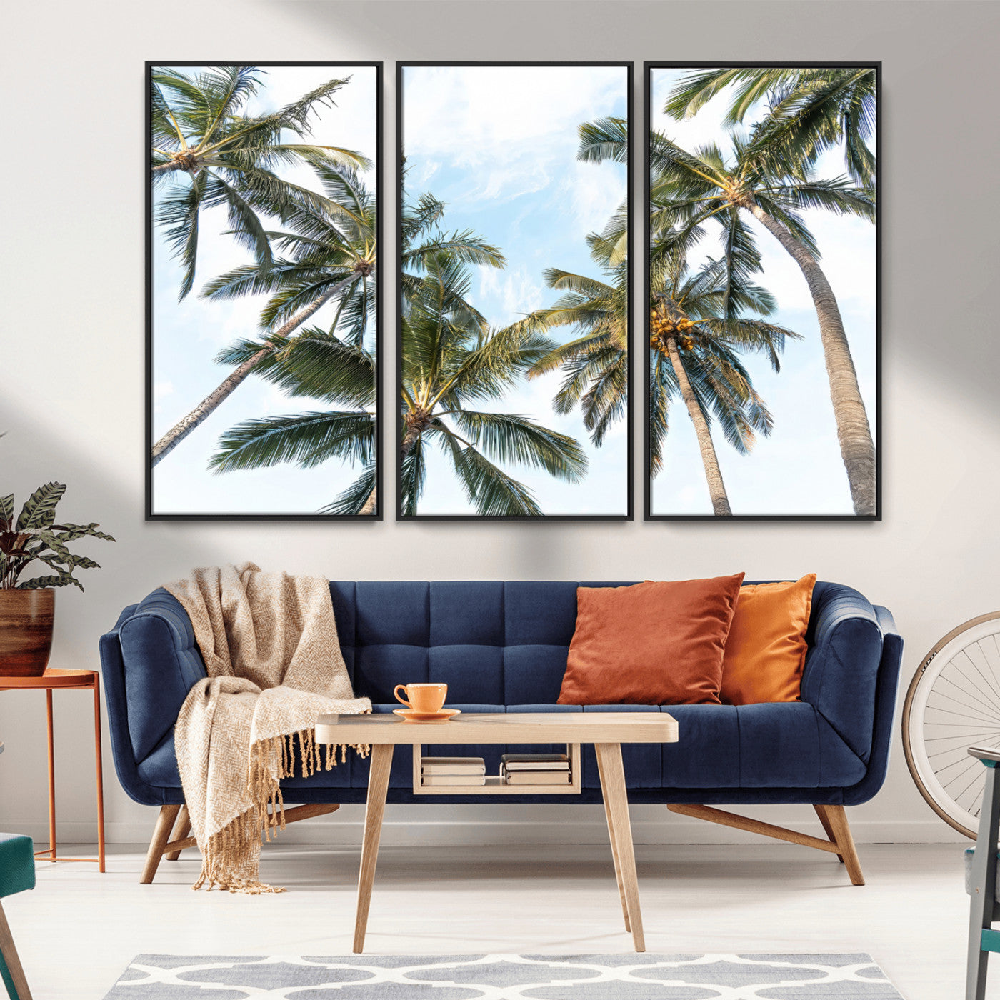 87247012-MGV-FC-48X32-3P_Black-Skyward Palm Trees Wall Art Canvas Print, Framed Tropical Sky Art Picture Print, Coconut Palm Perfect Tropical Skyview Decor