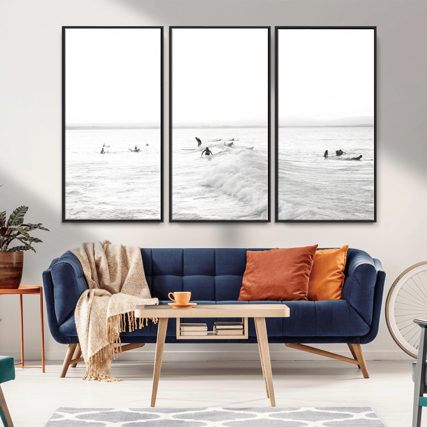 33449548-MGV-FC-48X32-3P_Black-Group Surfers Wall Art Canvas Print, Framed Ocean Wave Art Picture Print, Surf Crowd Perfect Monochrome Surf Decor Artwork