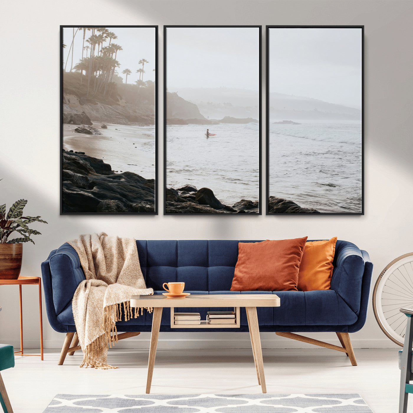 62501405-MGV-CV-36X24-Misty Beach Wall Art Canvas Print, Framed California Surfer Art Picture Print, Coastal Cliff Perfect Coastal Beach Decor Artwork